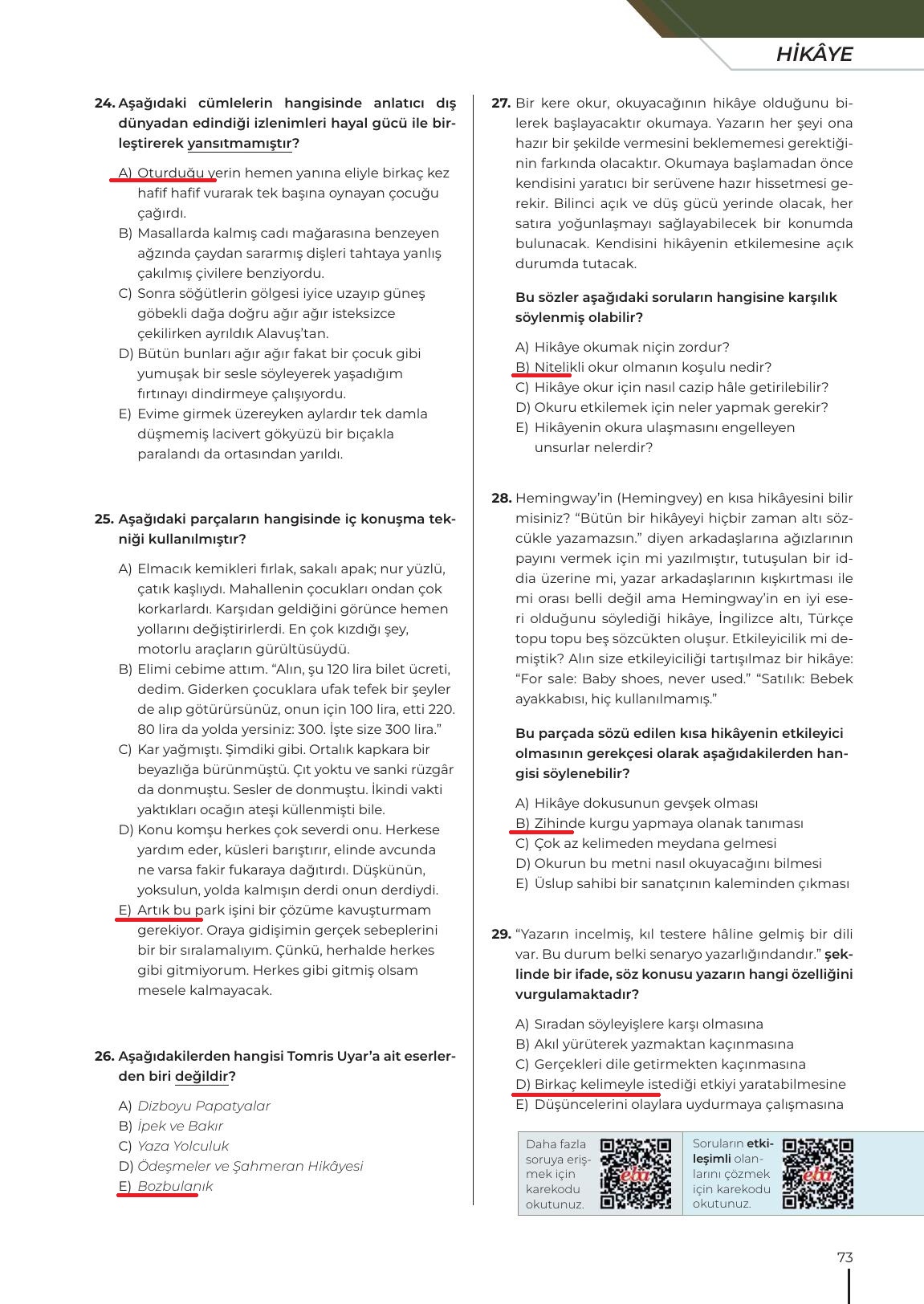 12. Sınıf Meb Yayınları Türk Dili Ve Edebiyatı Ders Kitabı Sayfa 73 Cevapları