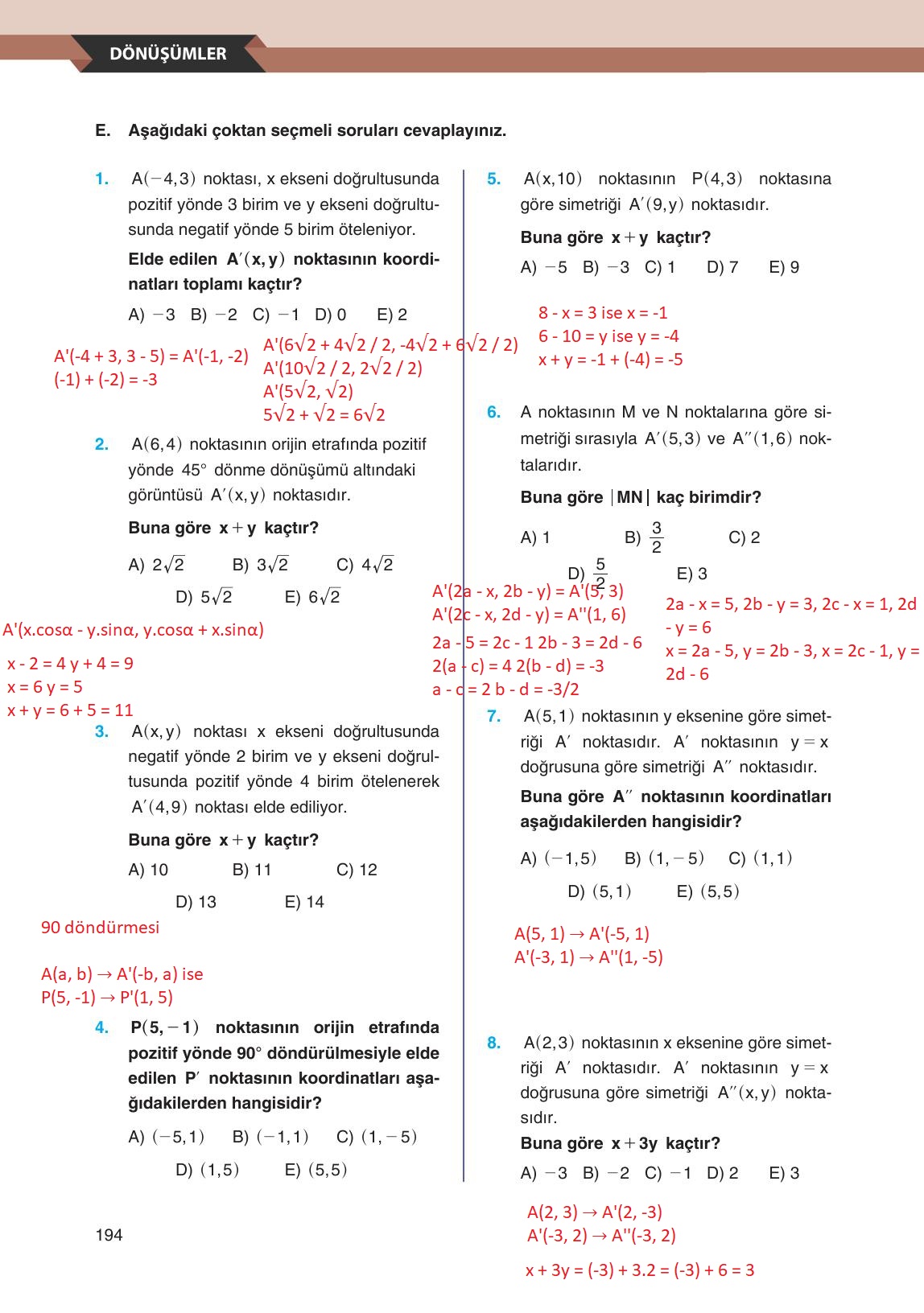 12. Sınıf Melis Yayınları Matematik Ders Kitabı Sayfa 194 Cevapları