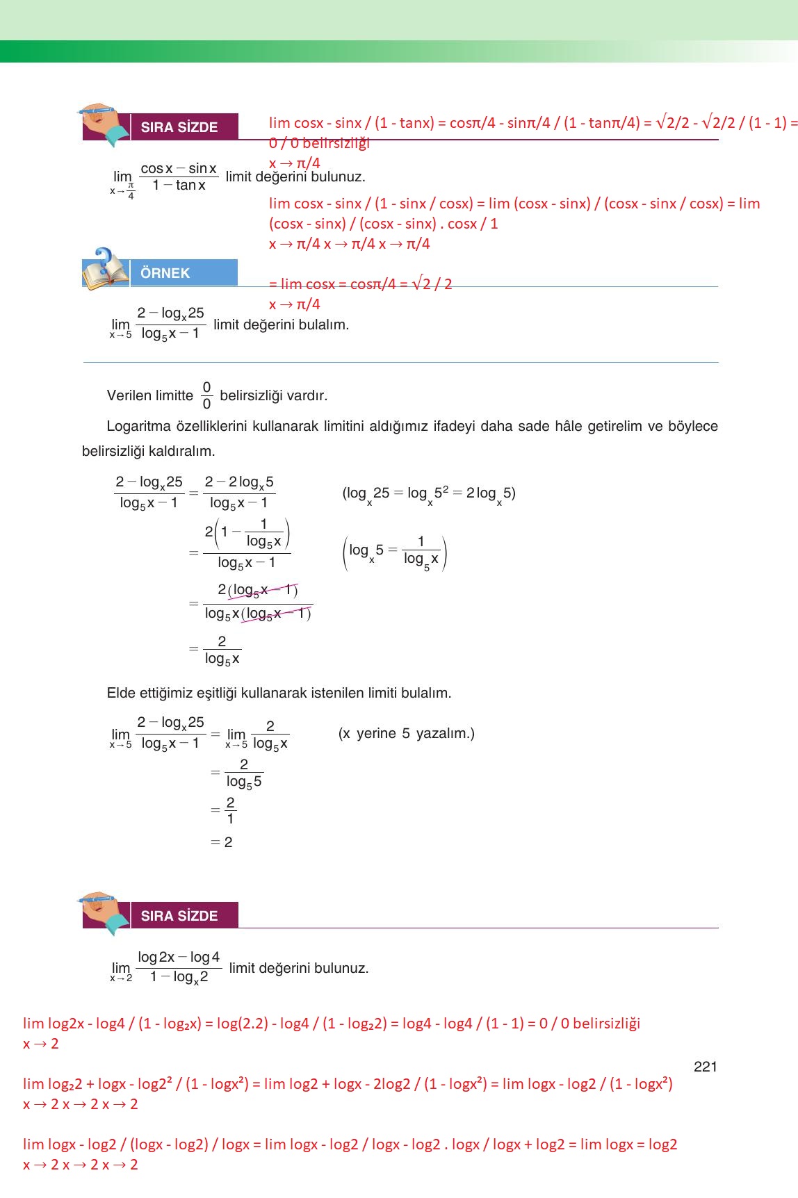 12. Sınıf Melis Yayınları Matematik Ders Kitabı Sayfa 221 Cevapları