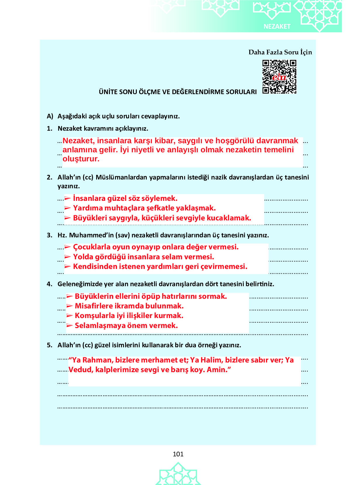 6. Sınıf Meb Yayınları Temel Dini Bilgiler İslam 1 Ders Kitabı Sayfa 101 Cevapları