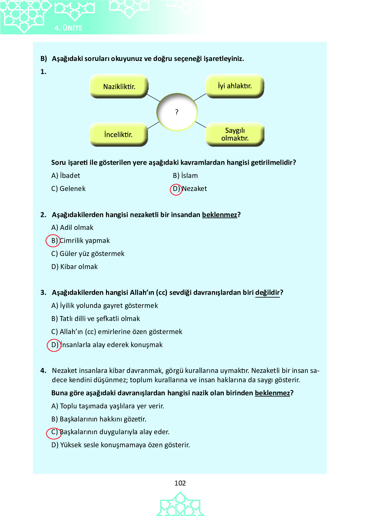 6. Sınıf Meb Yayınları Temel Dini Bilgiler İslam 1 Ders Kitabı Sayfa 102 Cevapları