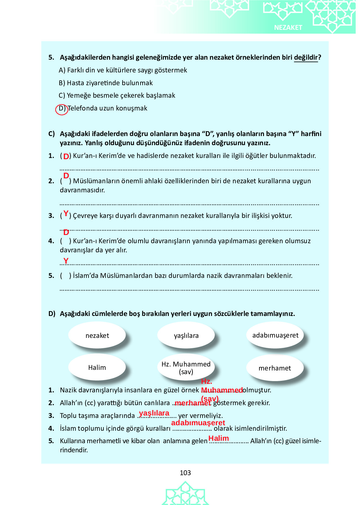 6. Sınıf Meb Yayınları Temel Dini Bilgiler İslam 1 Ders Kitabı Sayfa 103 Cevapları