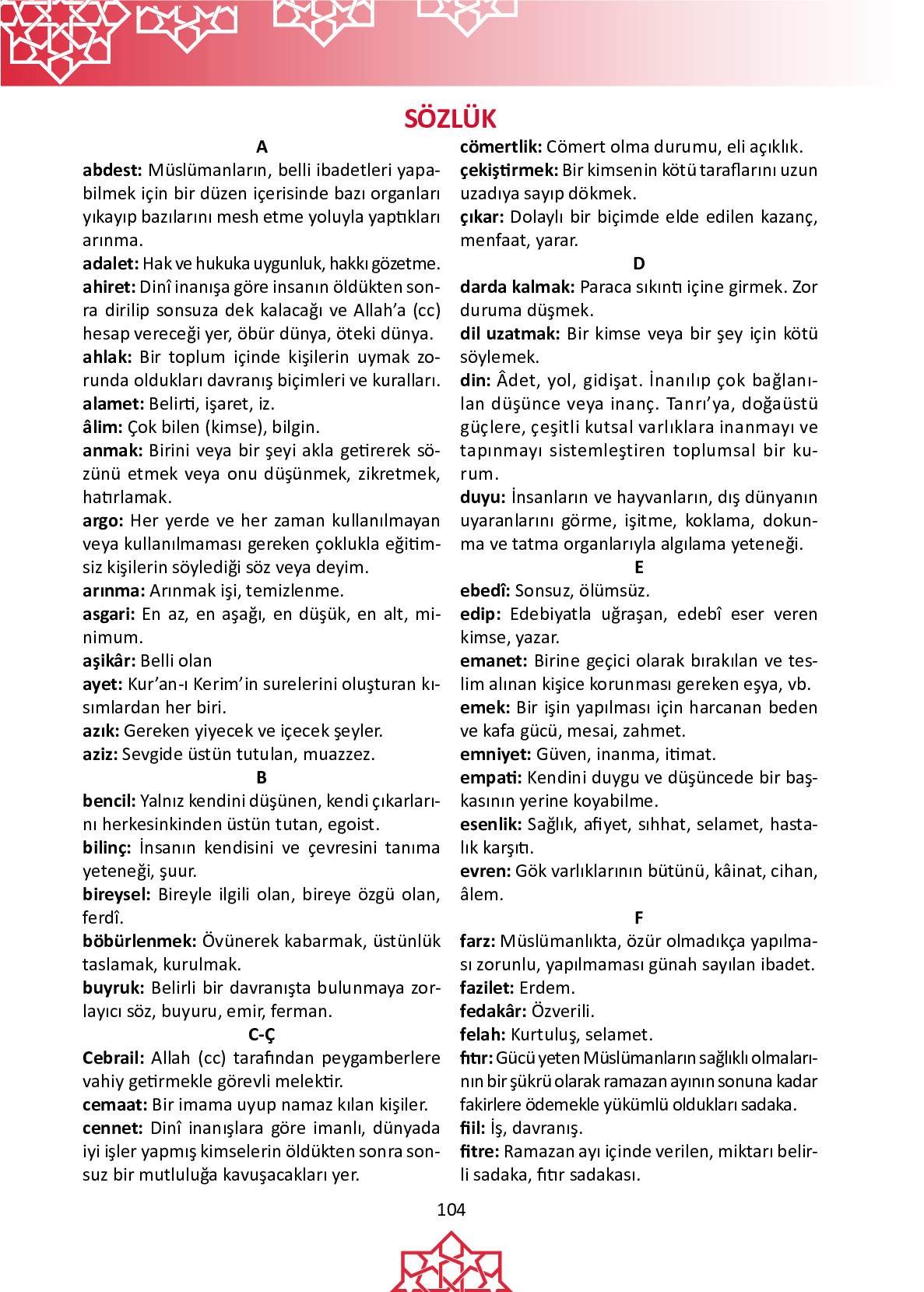 6. Sınıf Meb Yayınları Temel Dini Bilgiler İslam 1 Ders Kitabı Sayfa 104 Cevapları