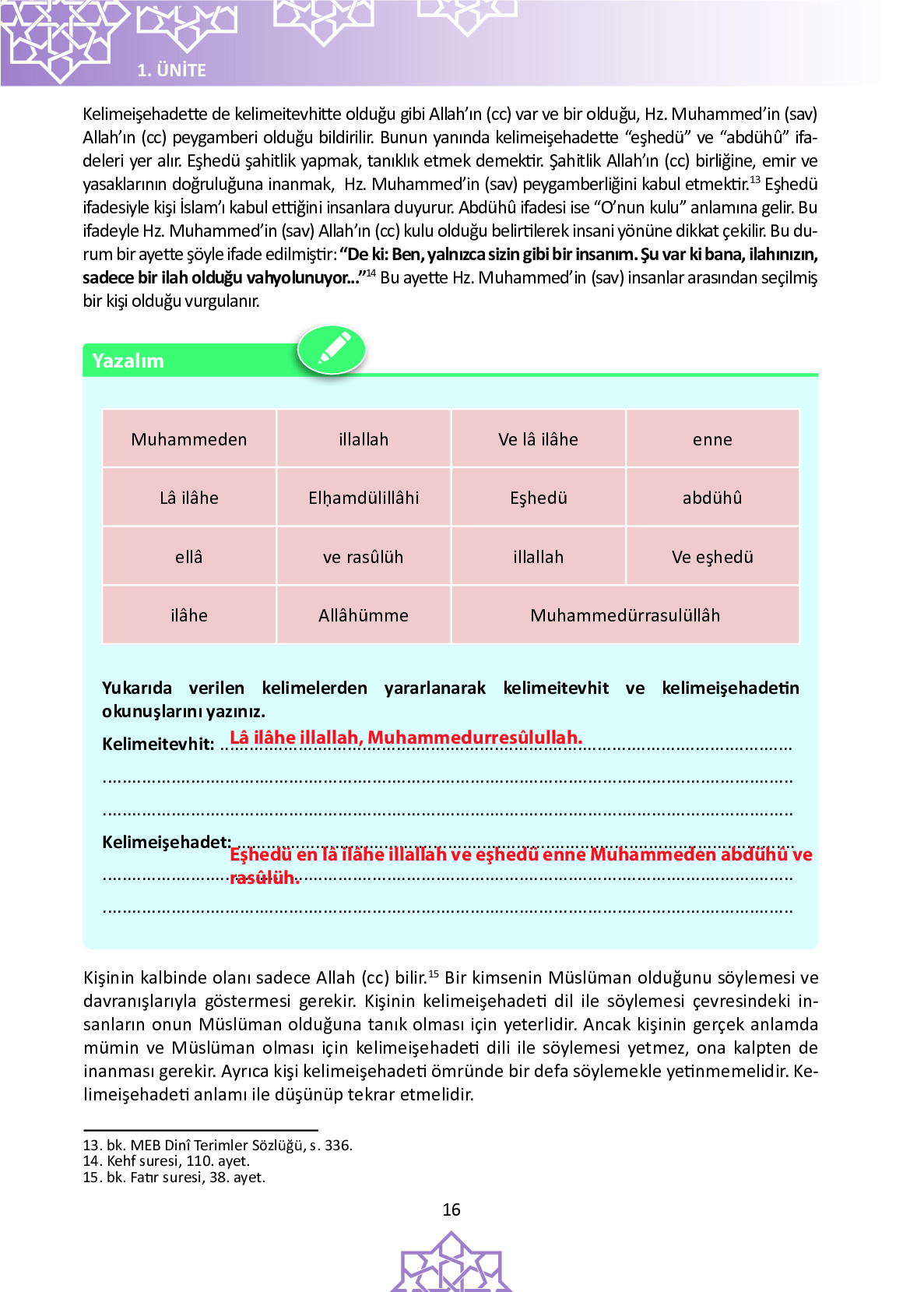 6. Sınıf Meb Yayınları Temel Dini Bilgiler İslam 1 Ders Kitabı Sayfa 16 Cevapları