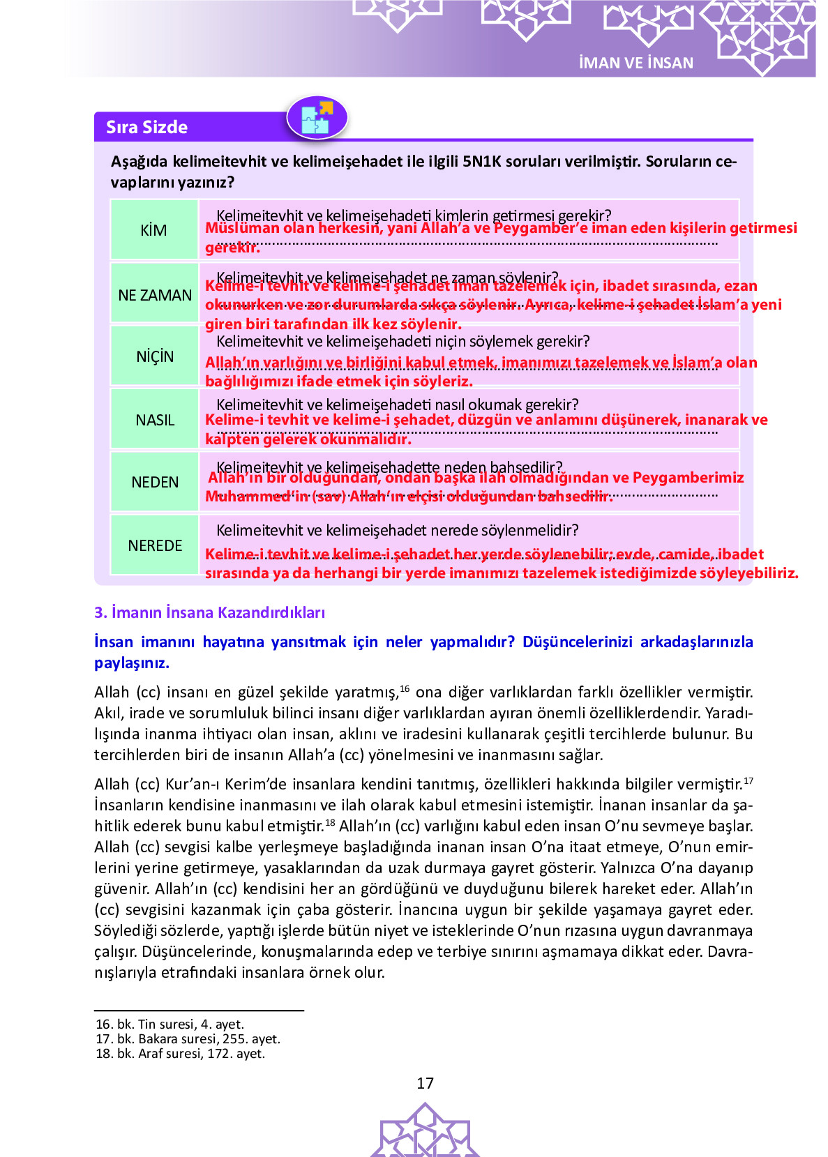 6. Sınıf Meb Yayınları Temel Dini Bilgiler İslam 1 Ders Kitabı Sayfa 17 Cevapları