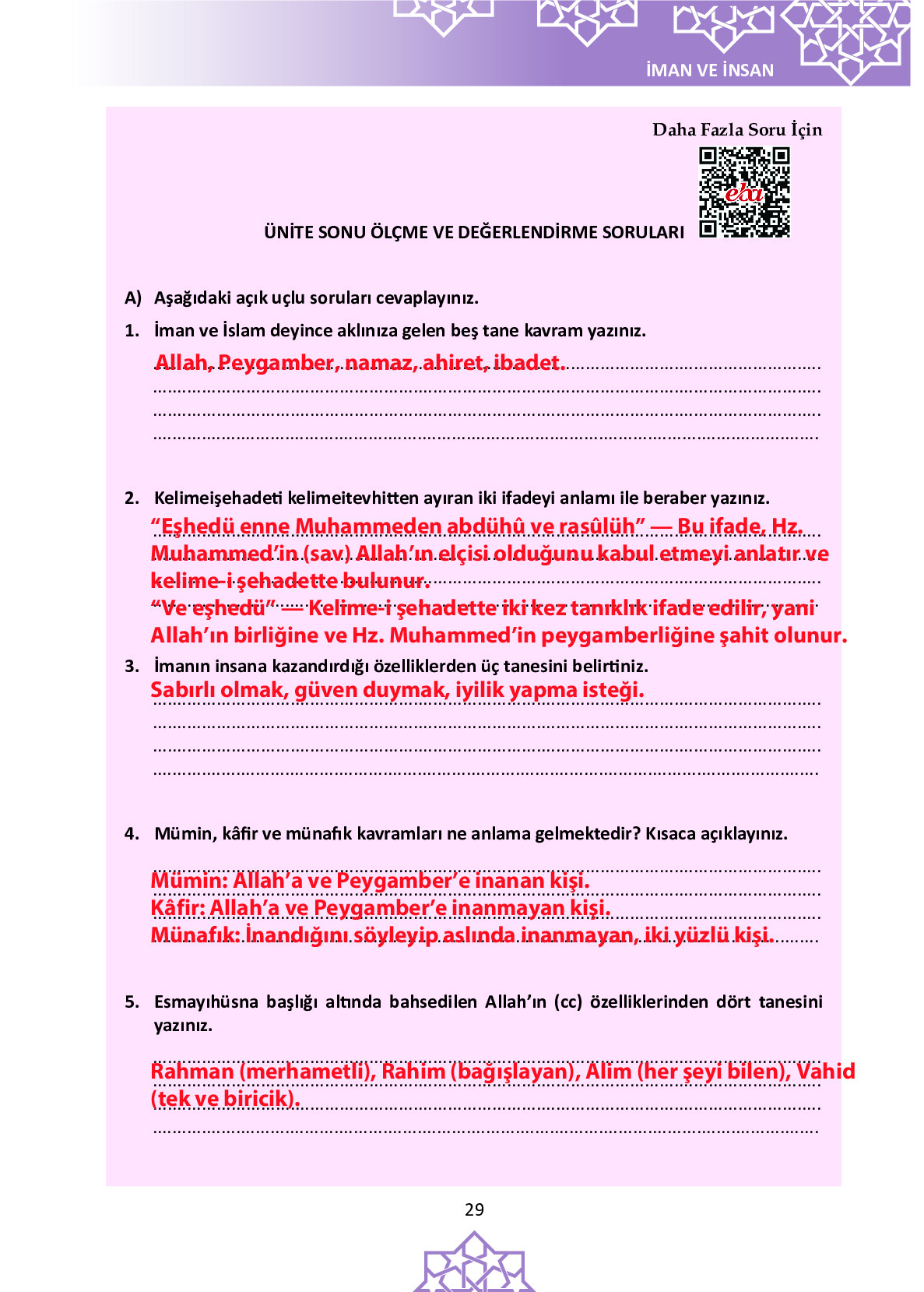 6. Sınıf Meb Yayınları Temel Dini Bilgiler İslam 1 Ders Kitabı Sayfa 29 Cevapları