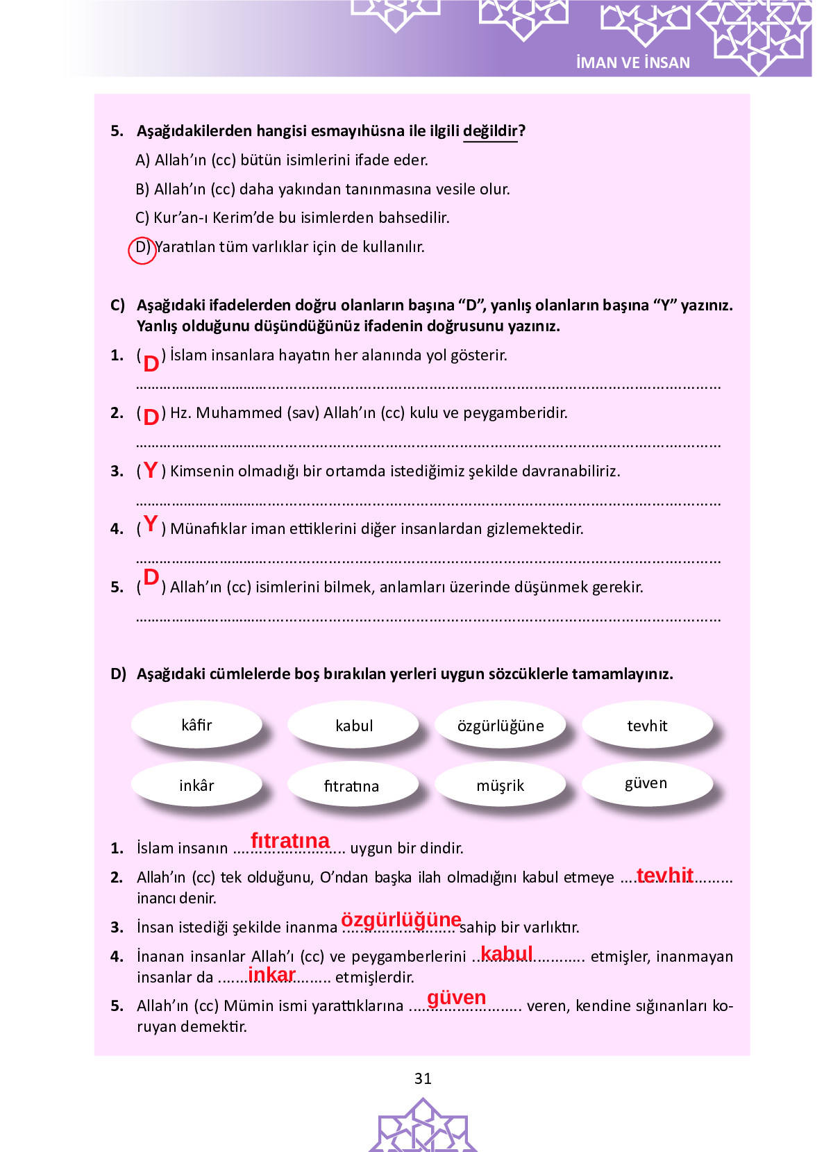 6. Sınıf Meb Yayınları Temel Dini Bilgiler İslam 1 Ders Kitabı Sayfa 31 Cevapları