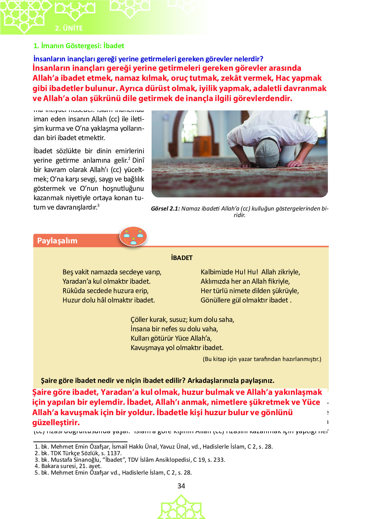 6. Sınıf Meb Yayınları Temel Dini Bilgiler İslam 1 Ders Kitabı Sayfa 34 Cevapları