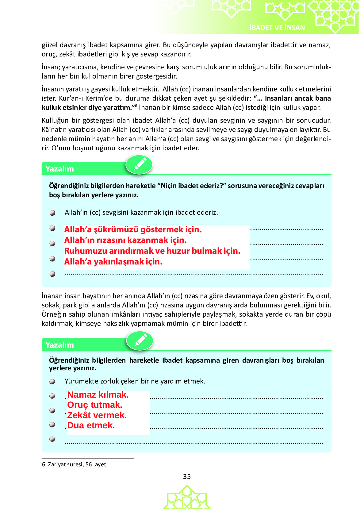 6. Sınıf Meb Yayınları Temel Dini Bilgiler İslam 1 Ders Kitabı Sayfa 35 Cevapları