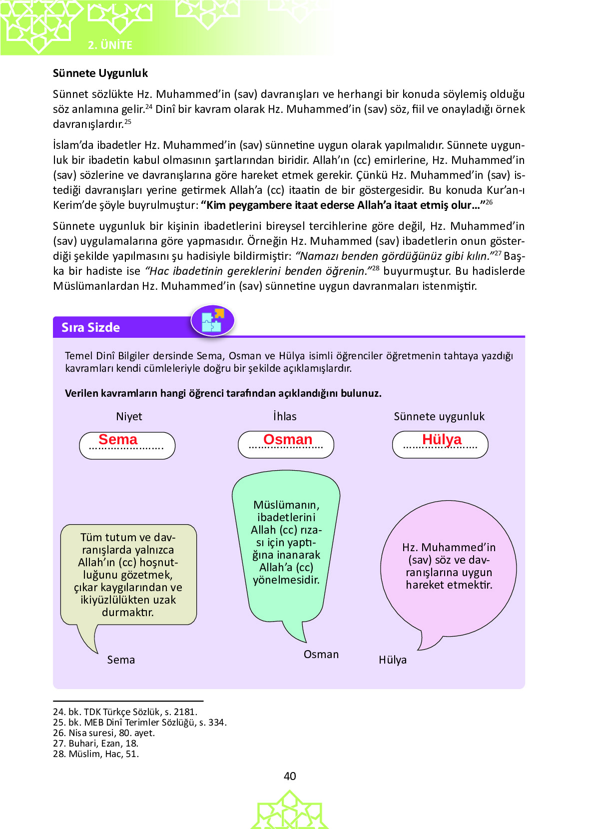 6. Sınıf Meb Yayınları Temel Dini Bilgiler İslam 1 Ders Kitabı Sayfa 40 Cevapları