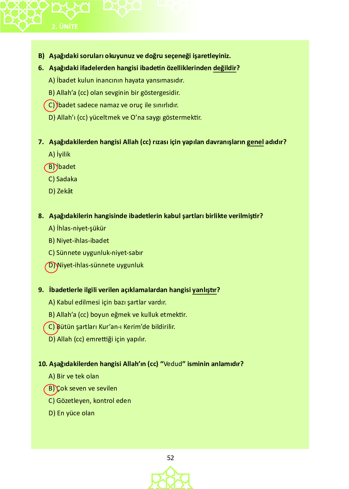 6. Sınıf Meb Yayınları Temel Dini Bilgiler İslam 1 Ders Kitabı Sayfa 52 Cevapları