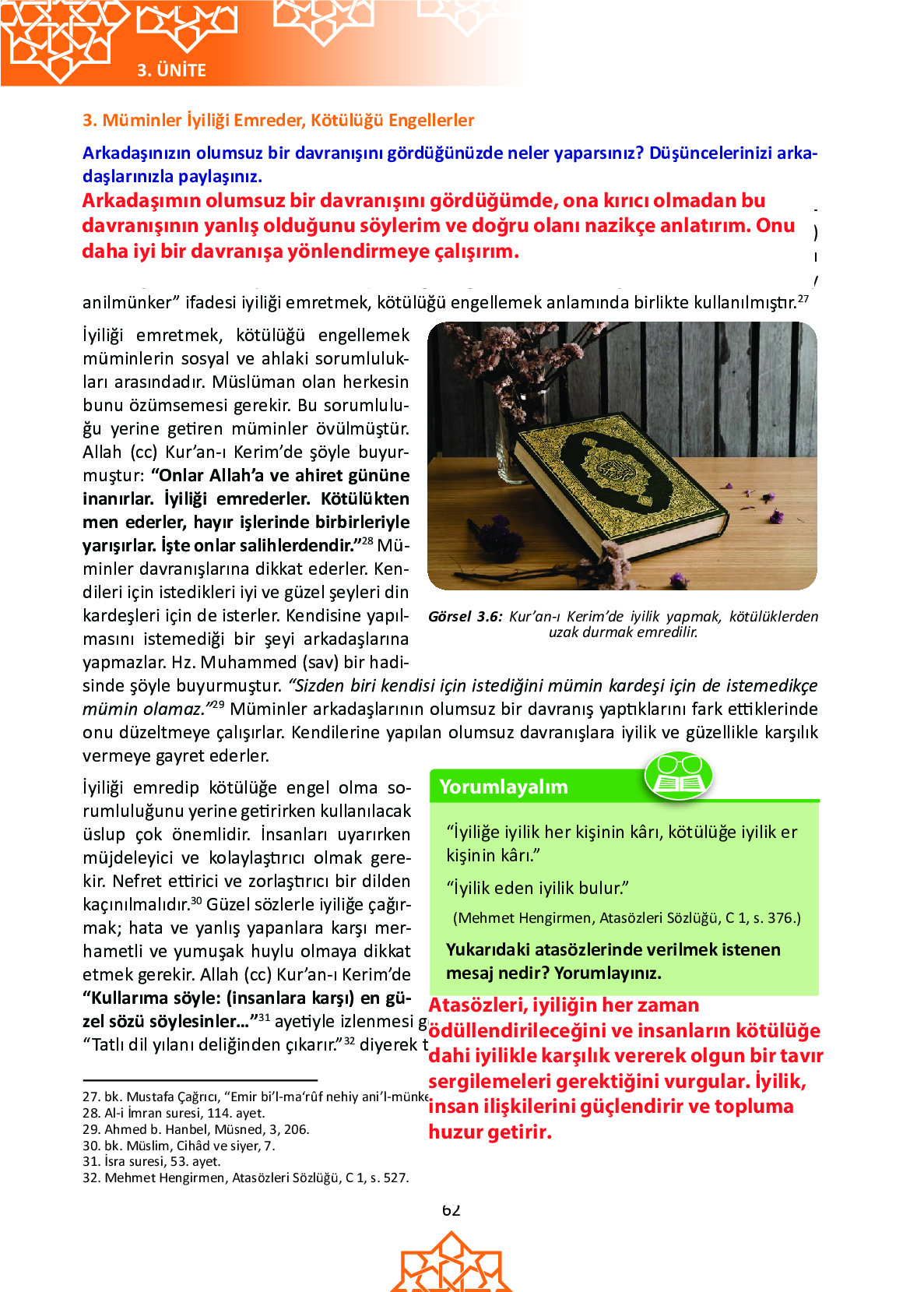 6. Sınıf Meb Yayınları Temel Dini Bilgiler İslam 1 Ders Kitabı Sayfa 62 Cevapları