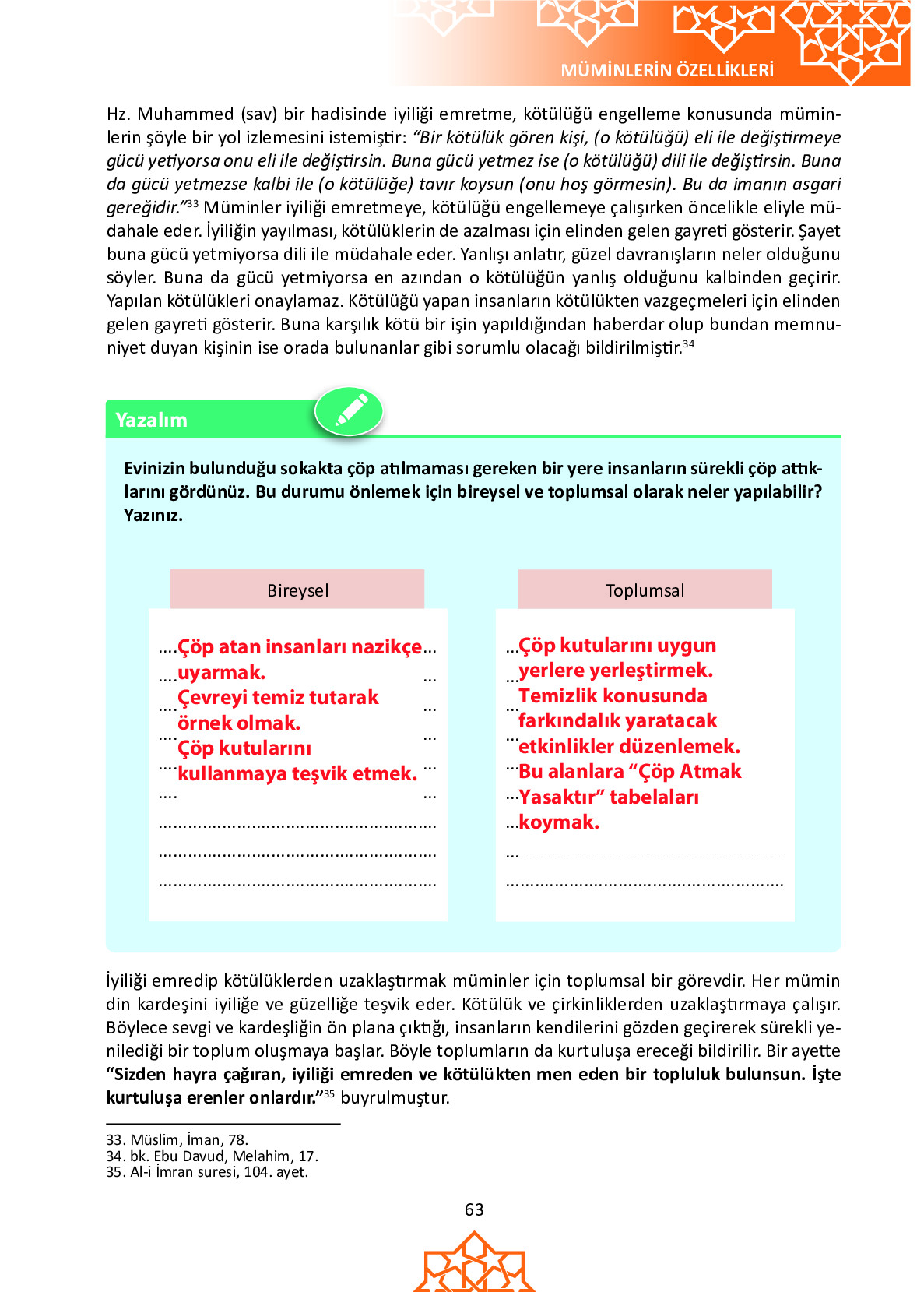 6. Sınıf Meb Yayınları Temel Dini Bilgiler İslam 1 Ders Kitabı Sayfa 63 Cevapları