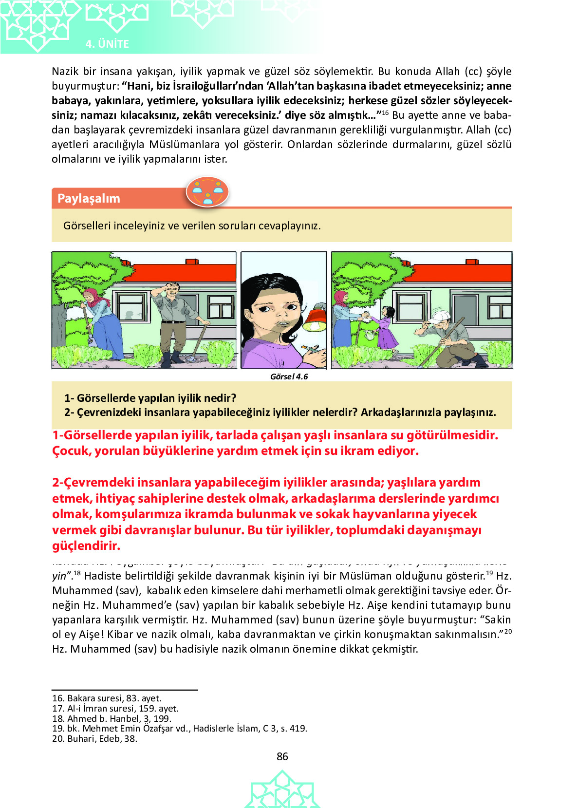 6. Sınıf Meb Yayınları Temel Dini Bilgiler İslam 1 Ders Kitabı Sayfa 86 Cevapları