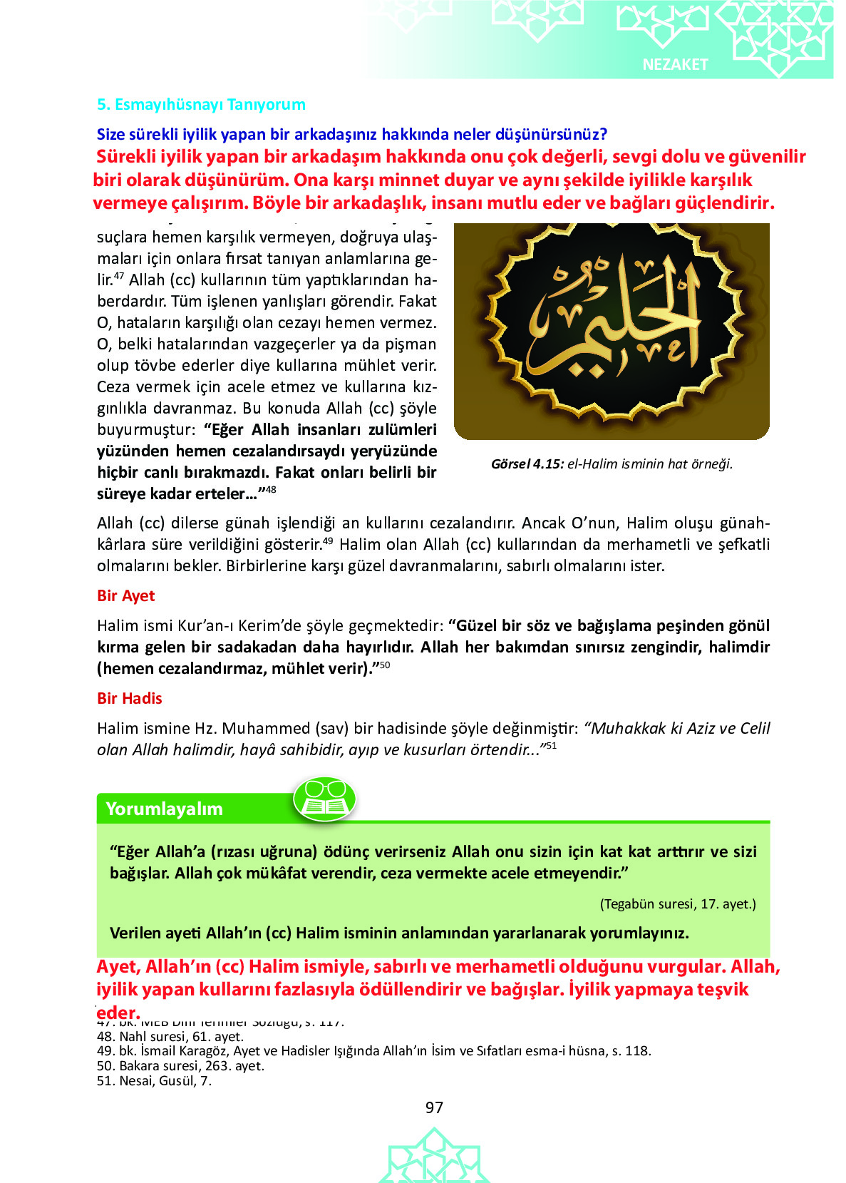 6. Sınıf Meb Yayınları Temel Dini Bilgiler İslam 1 Ders Kitabı Sayfa 97 Cevapları