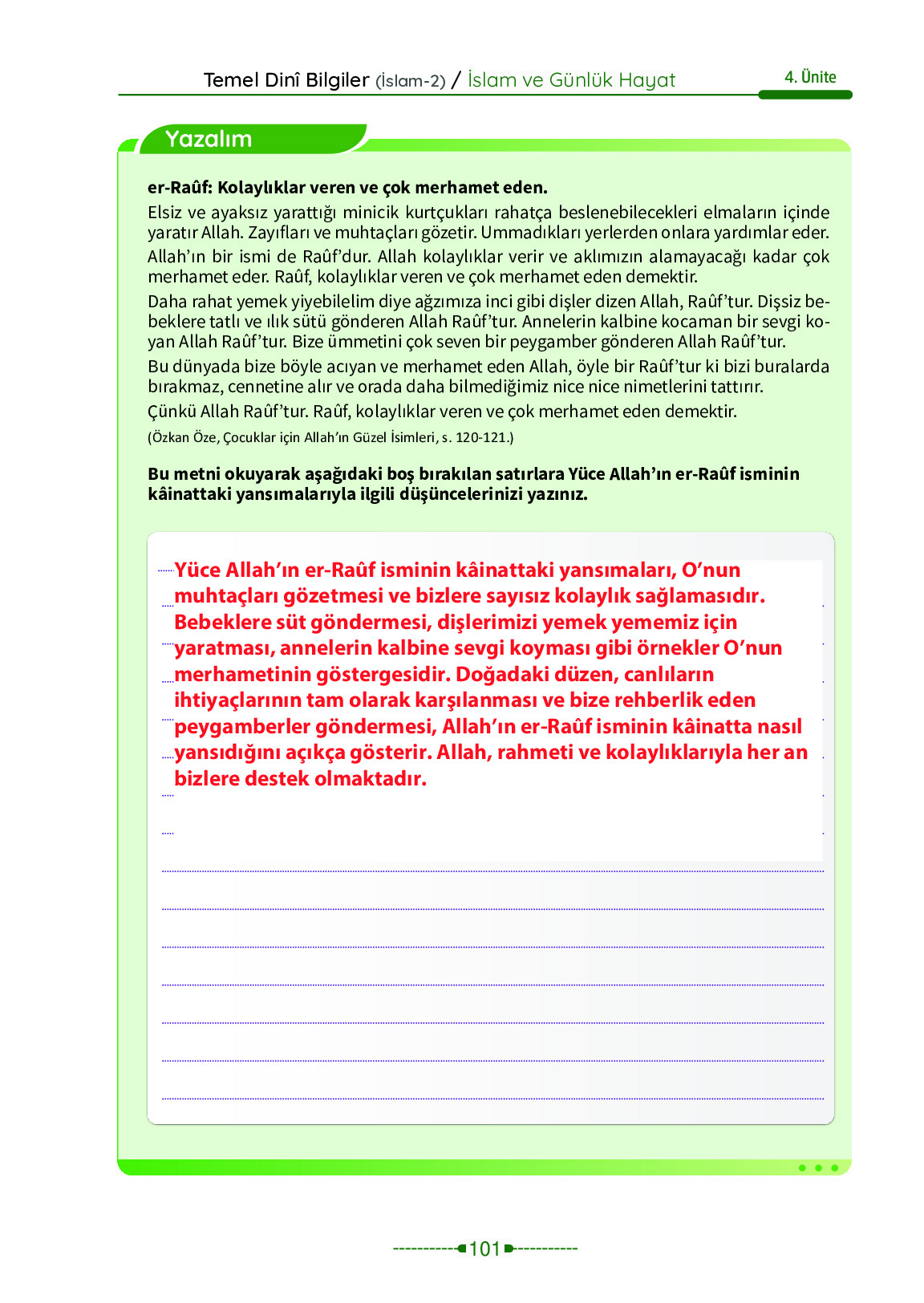 6. Sınıf Meb Yayınları Temel Dini Bilgiler İslam 2 Ders Kitabı Sayfa 101 Cevapları