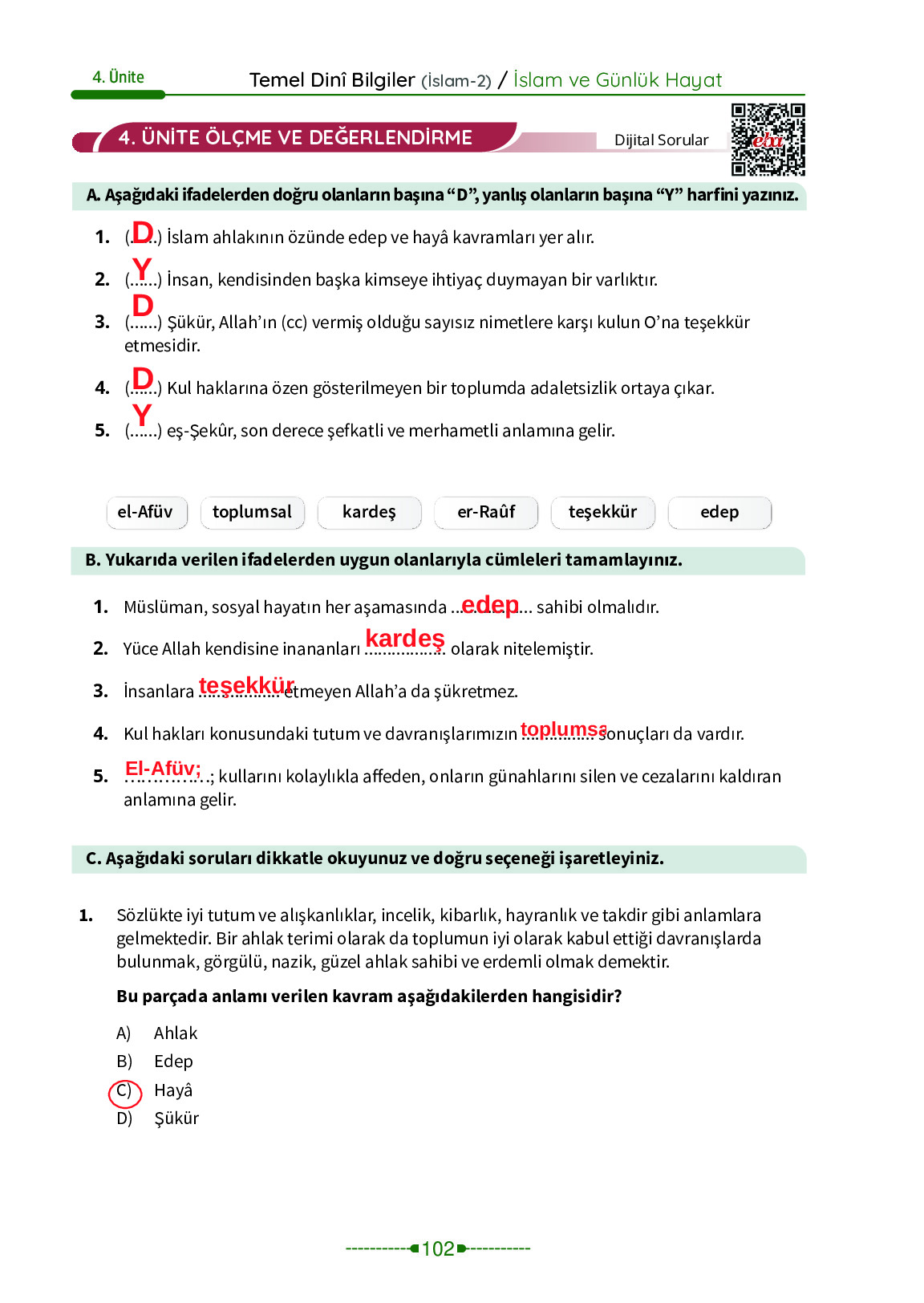 6. Sınıf Meb Yayınları Temel Dini Bilgiler İslam 2 Ders Kitabı Sayfa 102 Cevapları