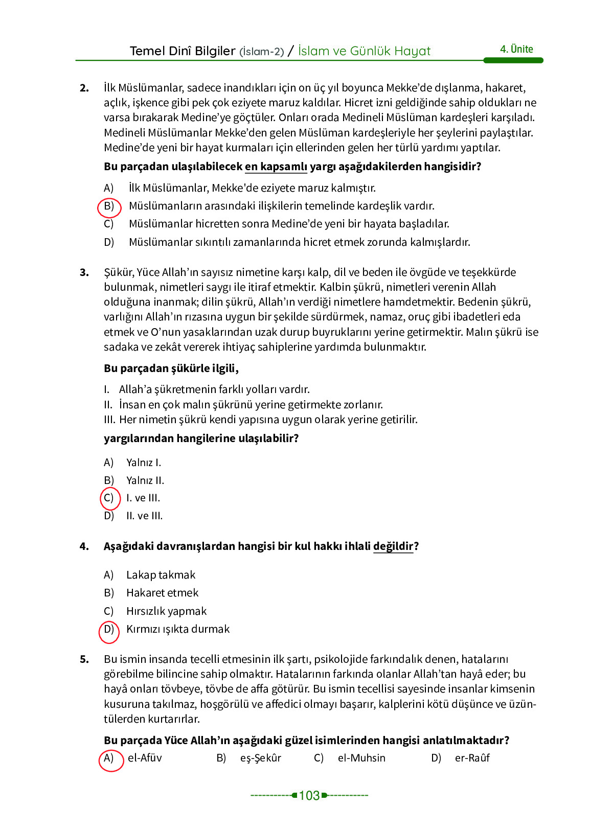 6. Sınıf Meb Yayınları Temel Dini Bilgiler İslam 2 Ders Kitabı Sayfa 103 Cevapları