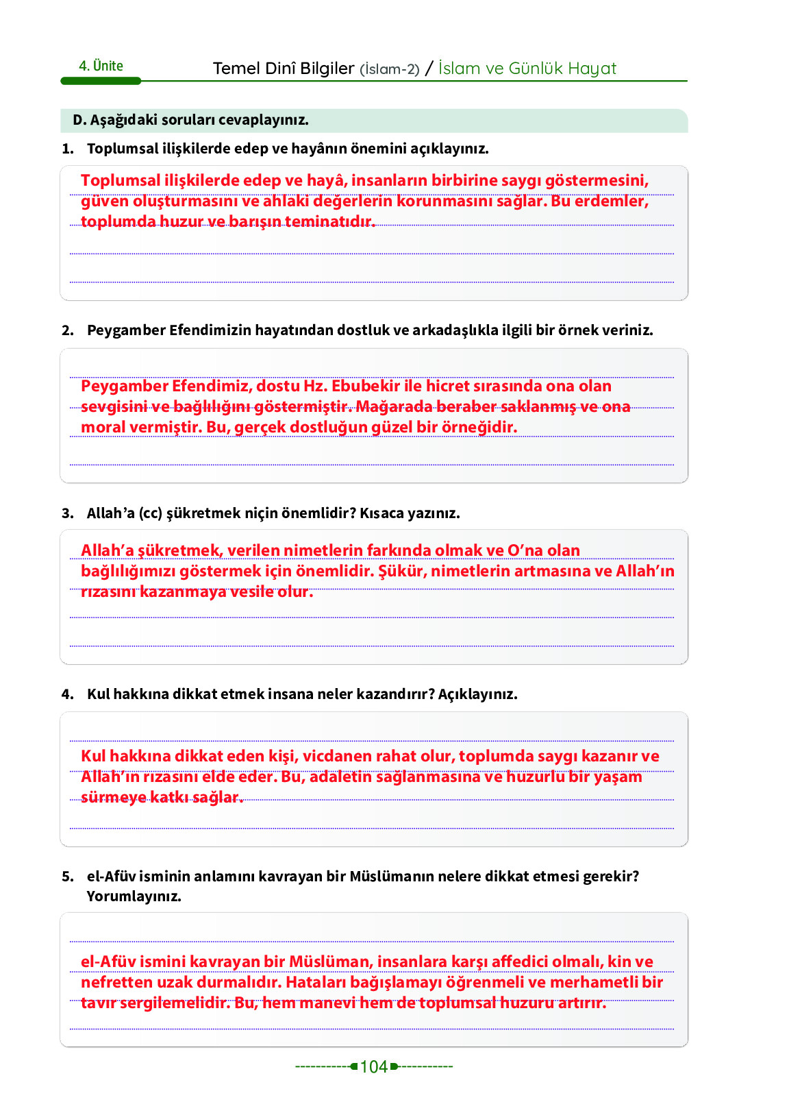 6. Sınıf Meb Yayınları Temel Dini Bilgiler İslam 2 Ders Kitabı Sayfa 104 Cevapları