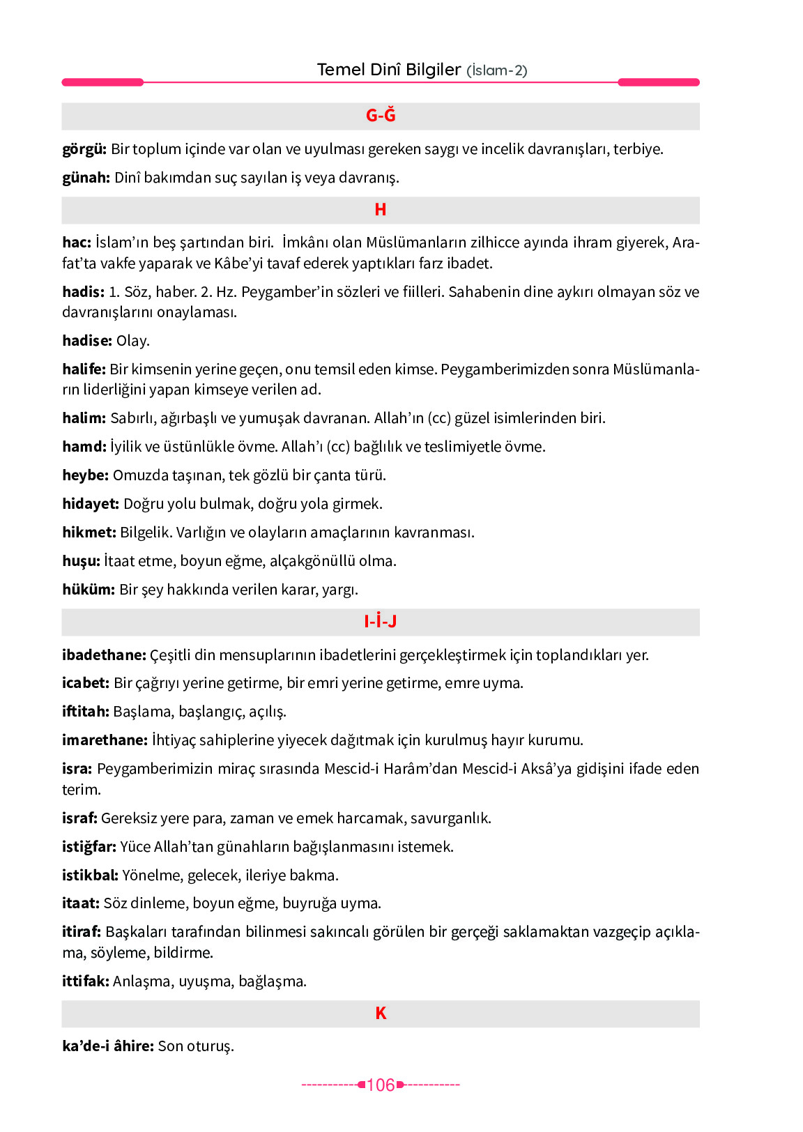 6. Sınıf Meb Yayınları Temel Dini Bilgiler İslam 2 Ders Kitabı Sayfa 106 Cevapları
