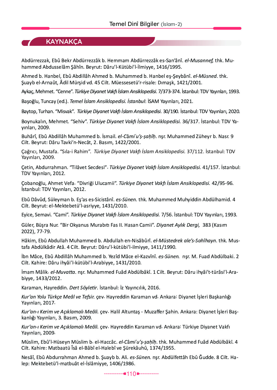 6. Sınıf Meb Yayınları Temel Dini Bilgiler İslam 2 Ders Kitabı Sayfa 110 Cevapları