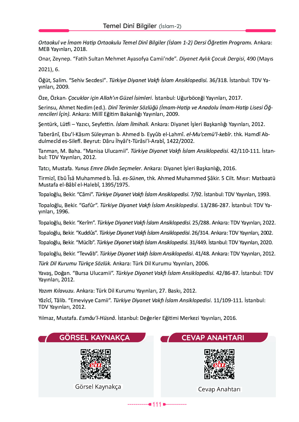 6. Sınıf Meb Yayınları Temel Dini Bilgiler İslam 2 Ders Kitabı Sayfa 111 Cevapları
