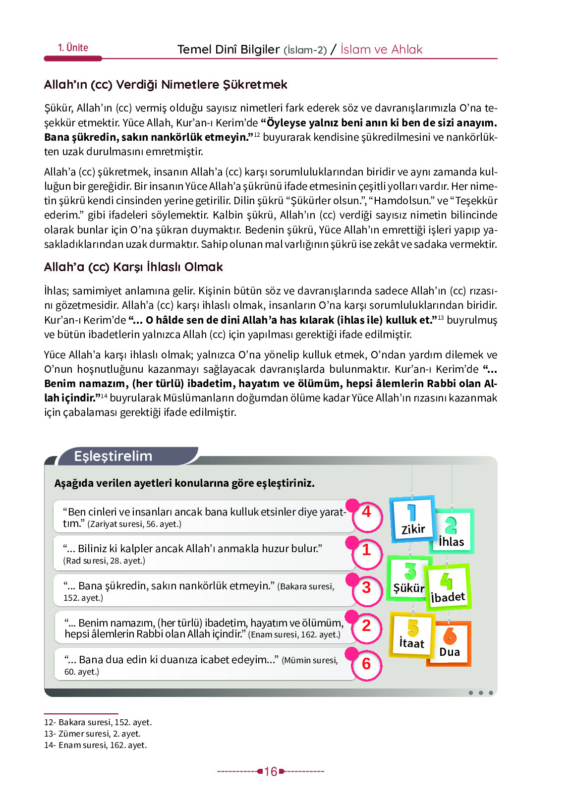 6. Sınıf Meb Yayınları Temel Dini Bilgiler İslam 2 Ders Kitabı Sayfa 16 Cevapları