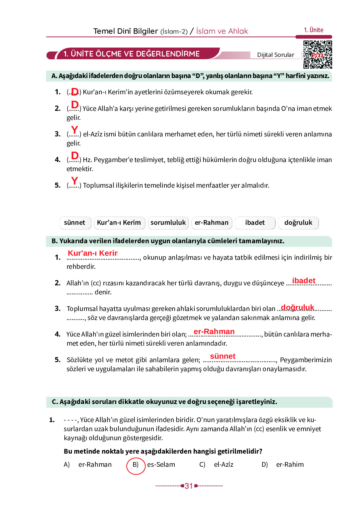 6. Sınıf Meb Yayınları Temel Dini Bilgiler İslam 2 Ders Kitabı Sayfa 31 Cevapları 6. Sınıf Meb Yayınları Temel Dini Bilgiler İslam 2 Ders Kitabı Sayfa 31 Cevapları