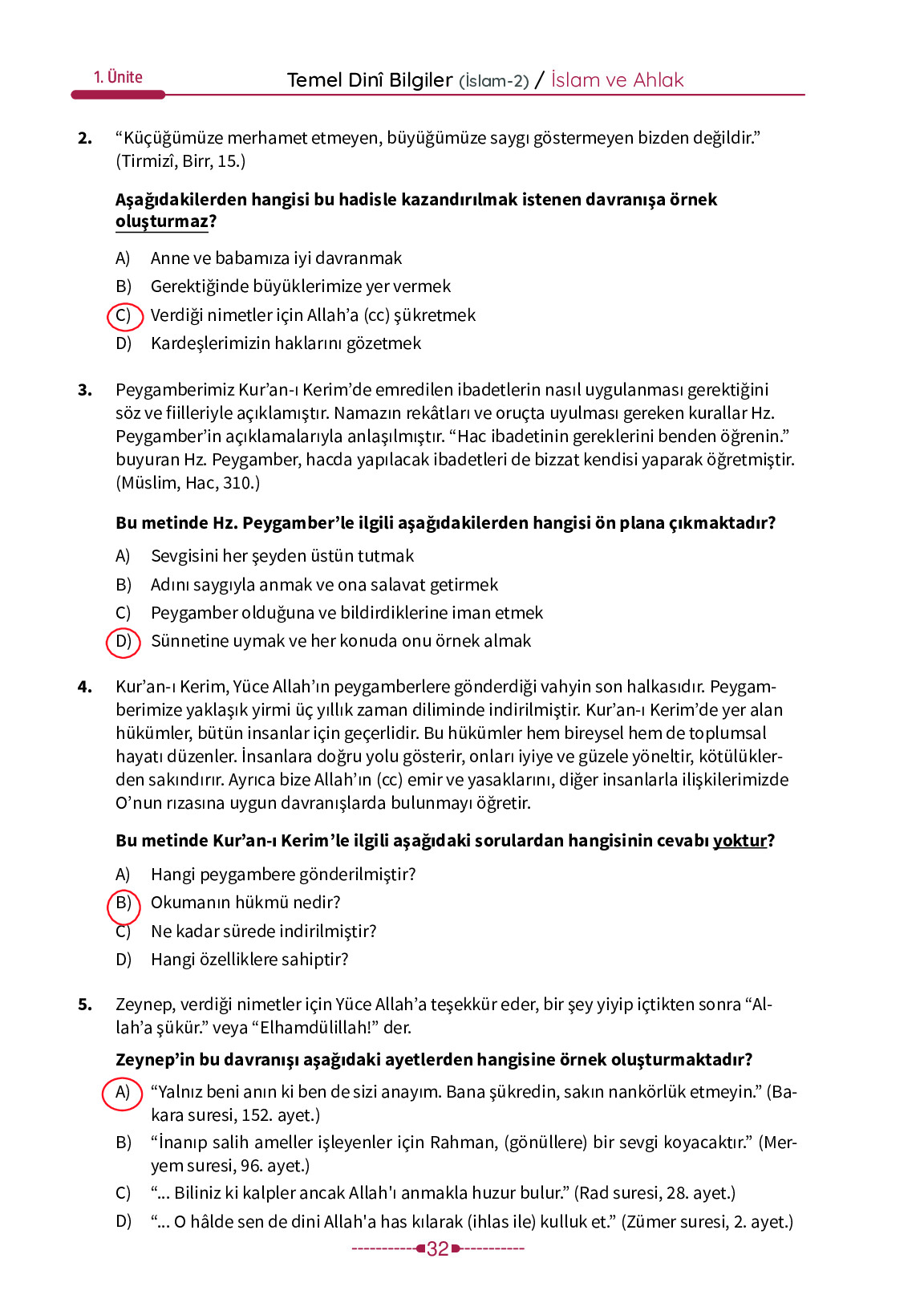6. Sınıf Meb Yayınları Temel Dini Bilgiler İslam 2 Ders Kitabı Sayfa 32 Cevapları