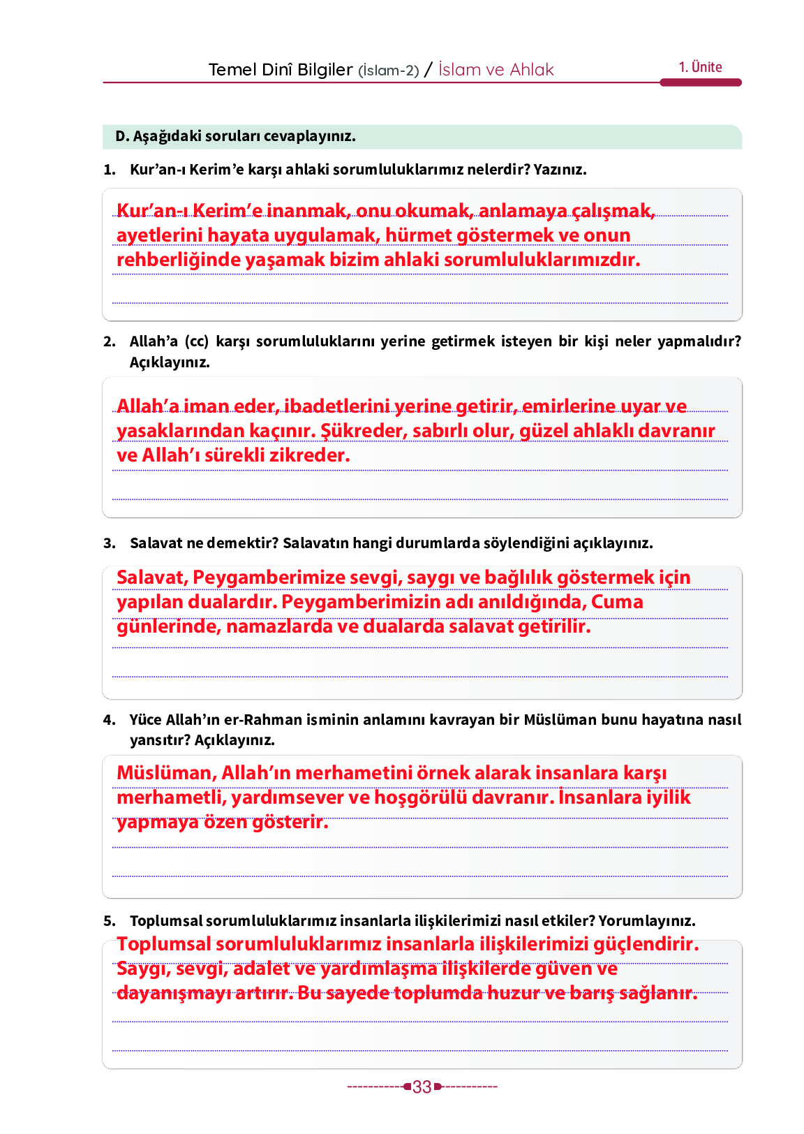 6. Sınıf Meb Yayınları Temel Dini Bilgiler İslam 2 Ders Kitabı Sayfa 33 Cevapları