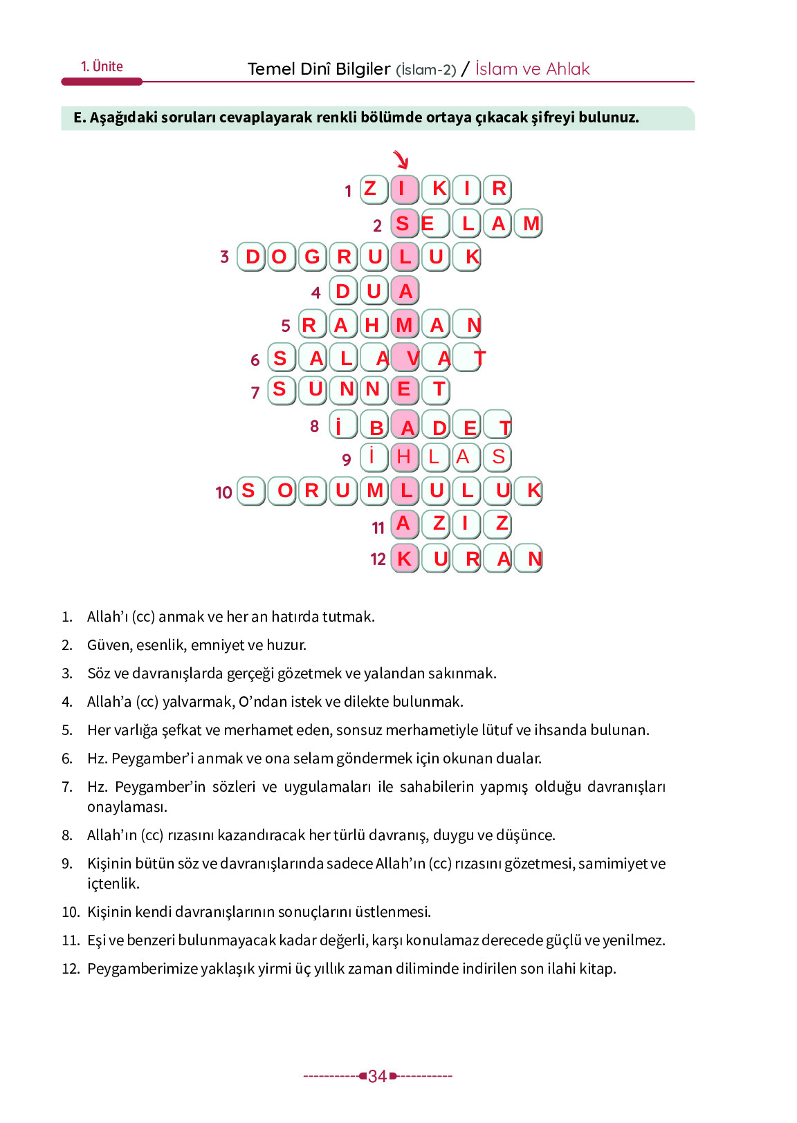 6. Sınıf Meb Yayınları Temel Dini Bilgiler İslam 2 Ders Kitabı Sayfa 34 Cevapları