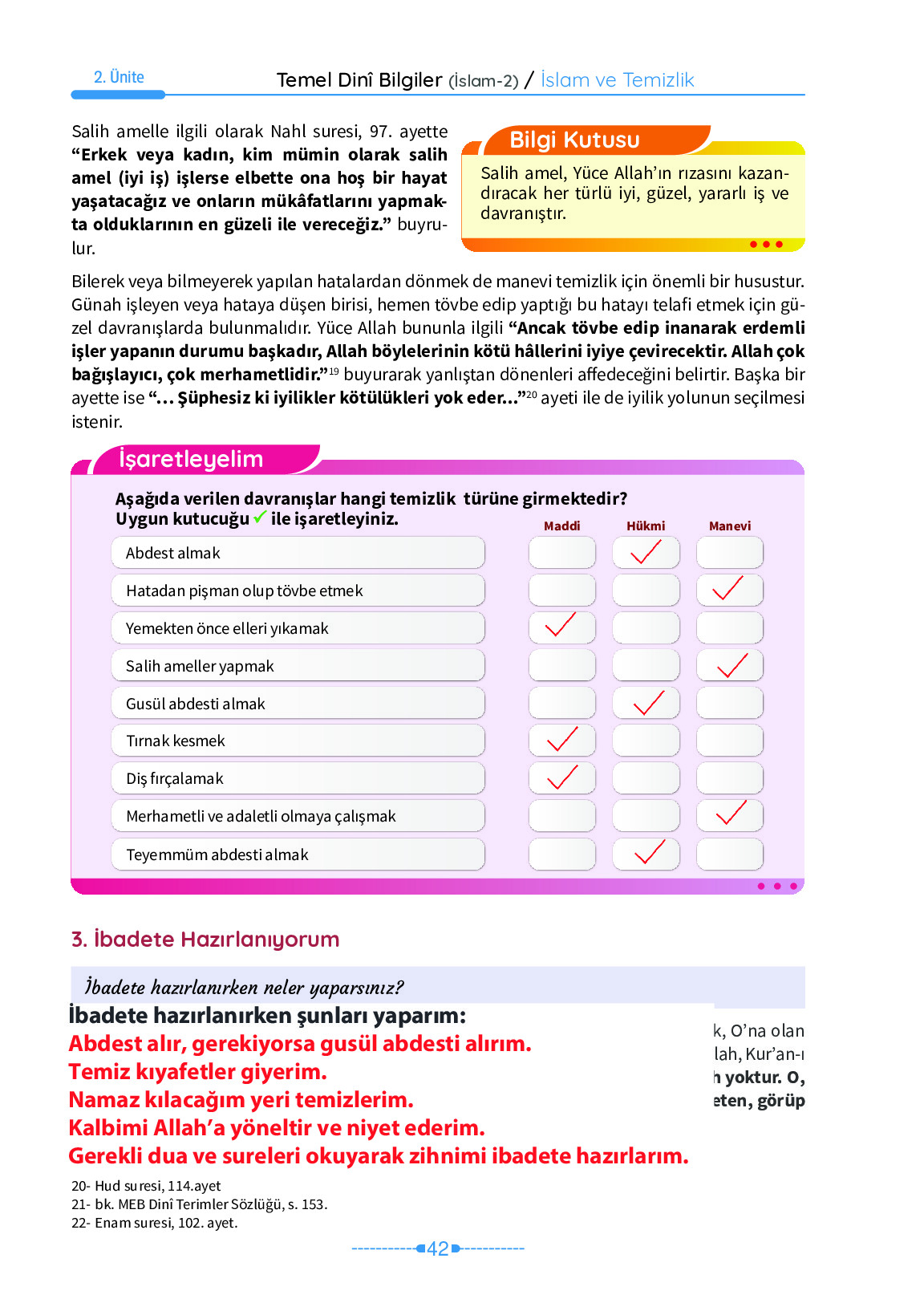 6. Sınıf Meb Yayınları Temel Dini Bilgiler İslam 2 Ders Kitabı Sayfa 42 Cevapları