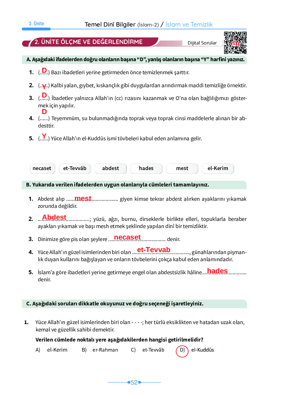 6. Sınıf Meb Yayınları Temel Dini Bilgiler İslam 2 Ders Kitabı Sayfa 52 Cevapları