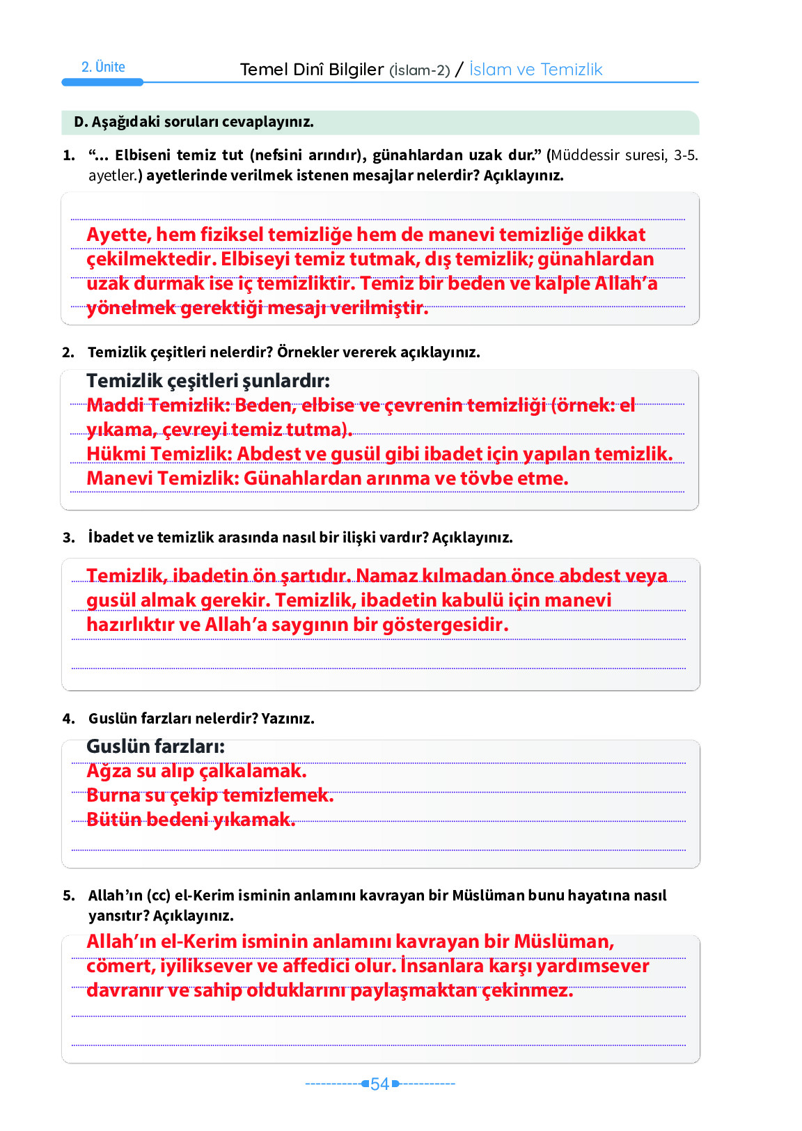 6. Sınıf Meb Yayınları Temel Dini Bilgiler İslam 2 Ders Kitabı Sayfa 54 Cevapları