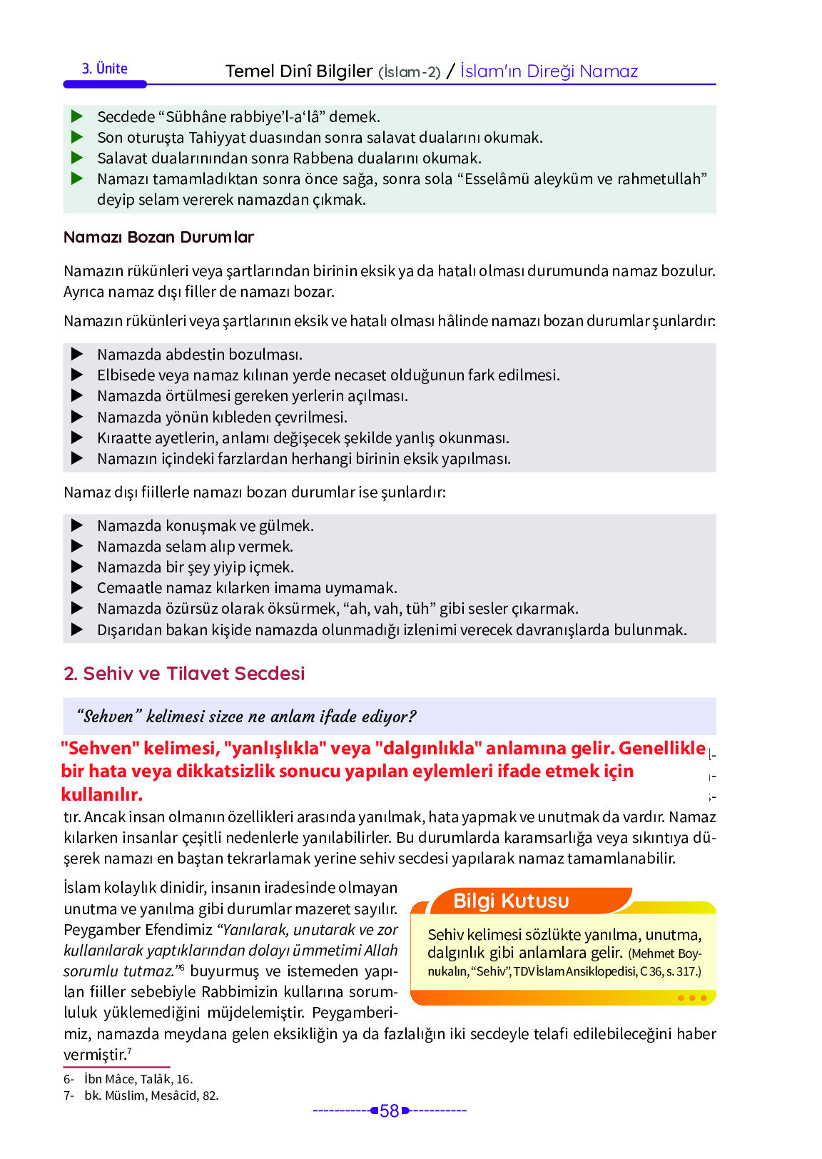 6. Sınıf Meb Yayınları Temel Dini Bilgiler İslam 2 Ders Kitabı Sayfa 58 Cevapları