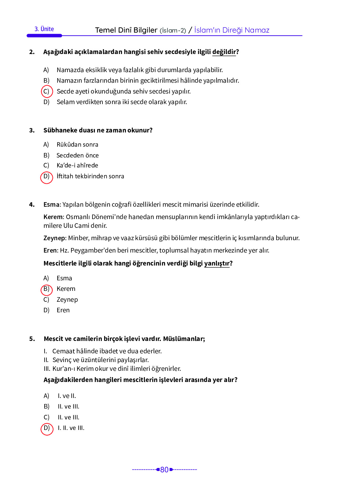 6. Sınıf Meb Yayınları Temel Dini Bilgiler İslam 2 Ders Kitabı Sayfa 80 Cevapları