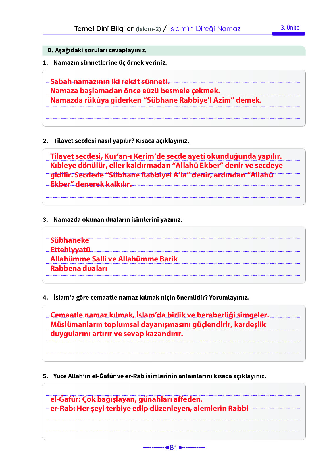 6. Sınıf Meb Yayınları Temel Dini Bilgiler İslam 2 Ders Kitabı Sayfa 81 Cevapları
