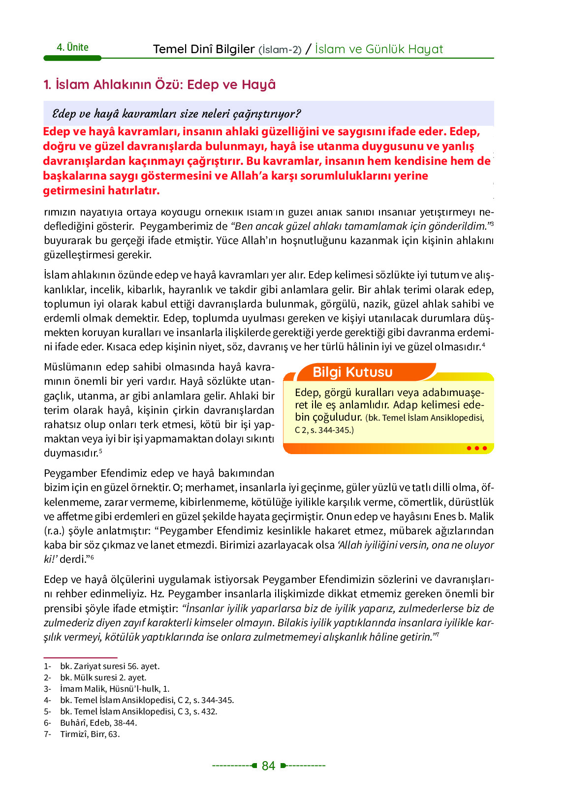 6. Sınıf Meb Yayınları Temel Dini Bilgiler İslam 2 Ders Kitabı Sayfa 84 Cevapları