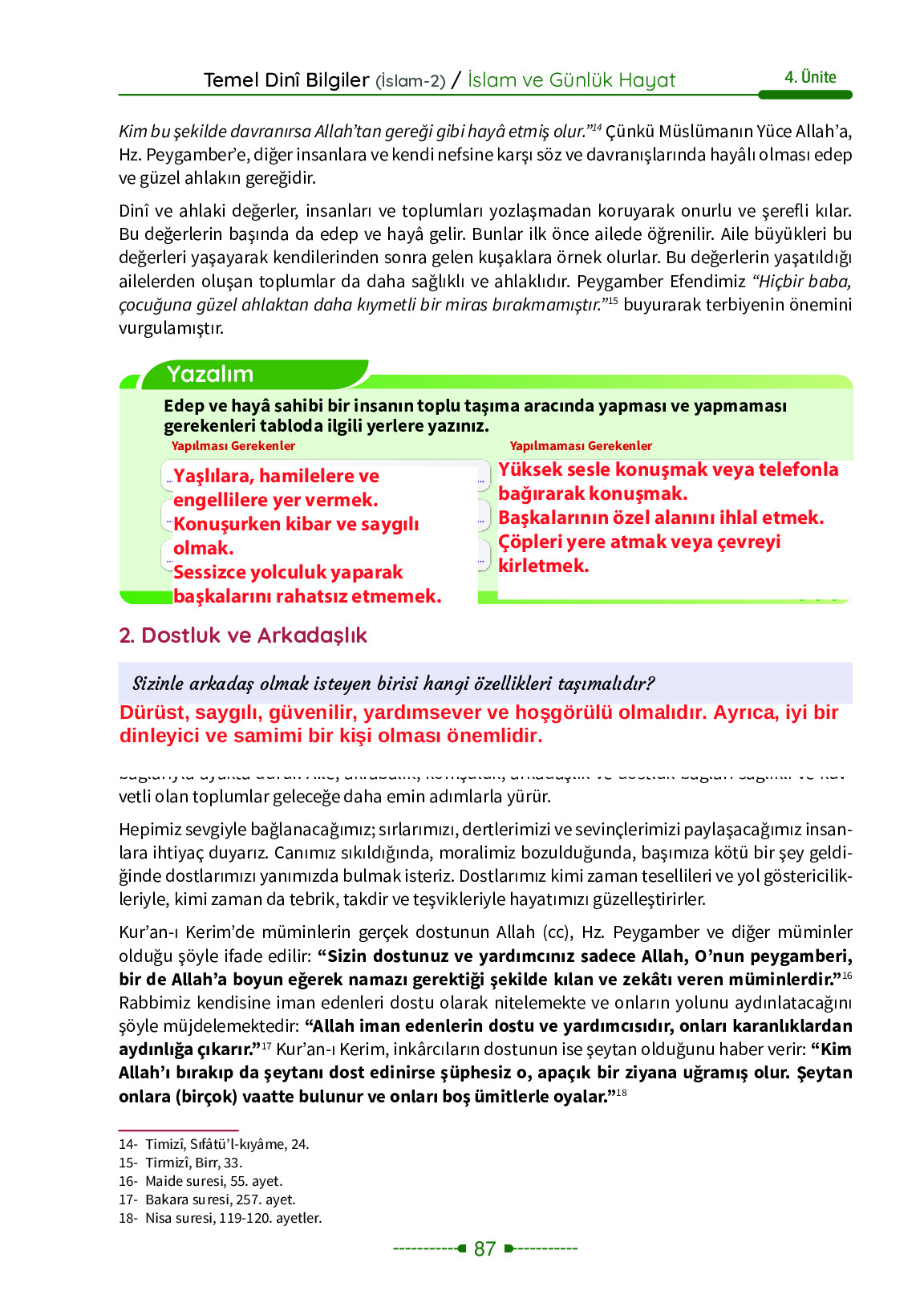6. Sınıf Meb Yayınları Temel Dini Bilgiler İslam 2 Ders Kitabı Sayfa 87 Cevapları