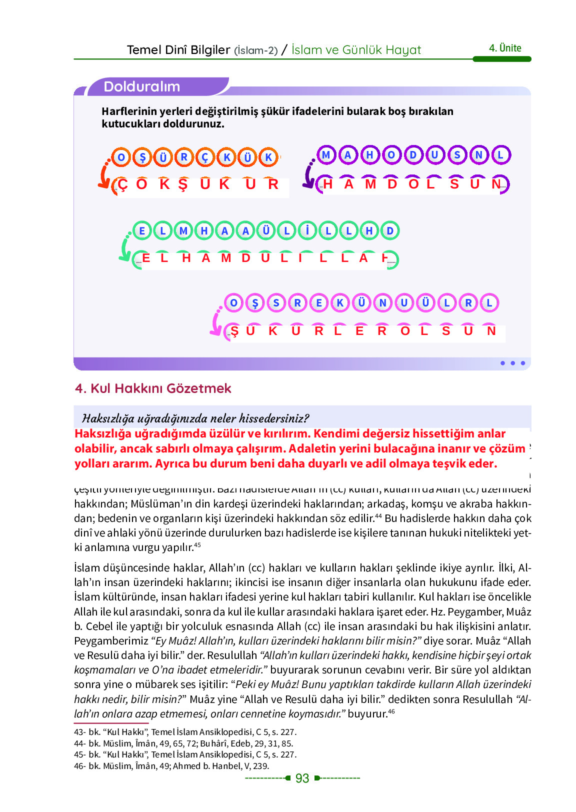 6. Sınıf Meb Yayınları Temel Dini Bilgiler İslam 2 Ders Kitabı Sayfa 93 Cevapları