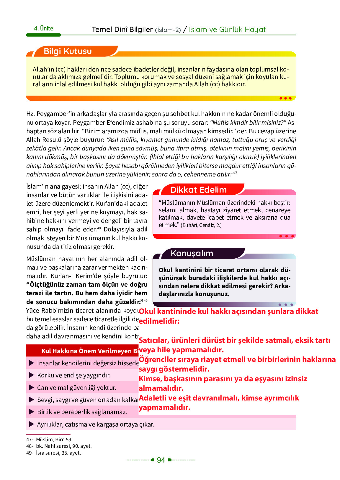 6. Sınıf Meb Yayınları Temel Dini Bilgiler İslam 2 Ders Kitabı Sayfa 94 Cevapları