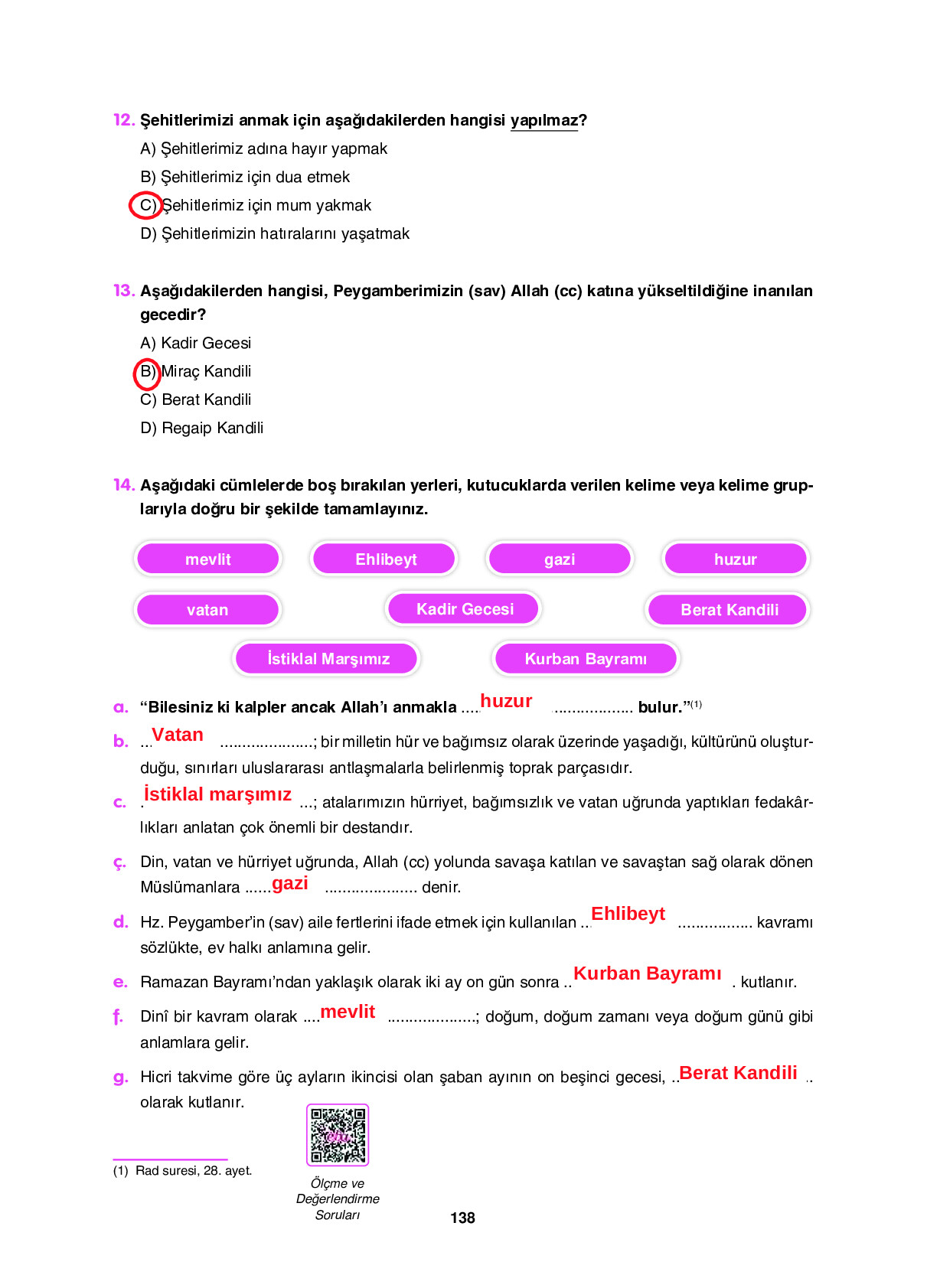 6. Sınıf Sdr Dikey Yayıncılık Din Kültürü Ve Ahlak Bilgisi Ders Kitabı Sayfa 138 Cevapları