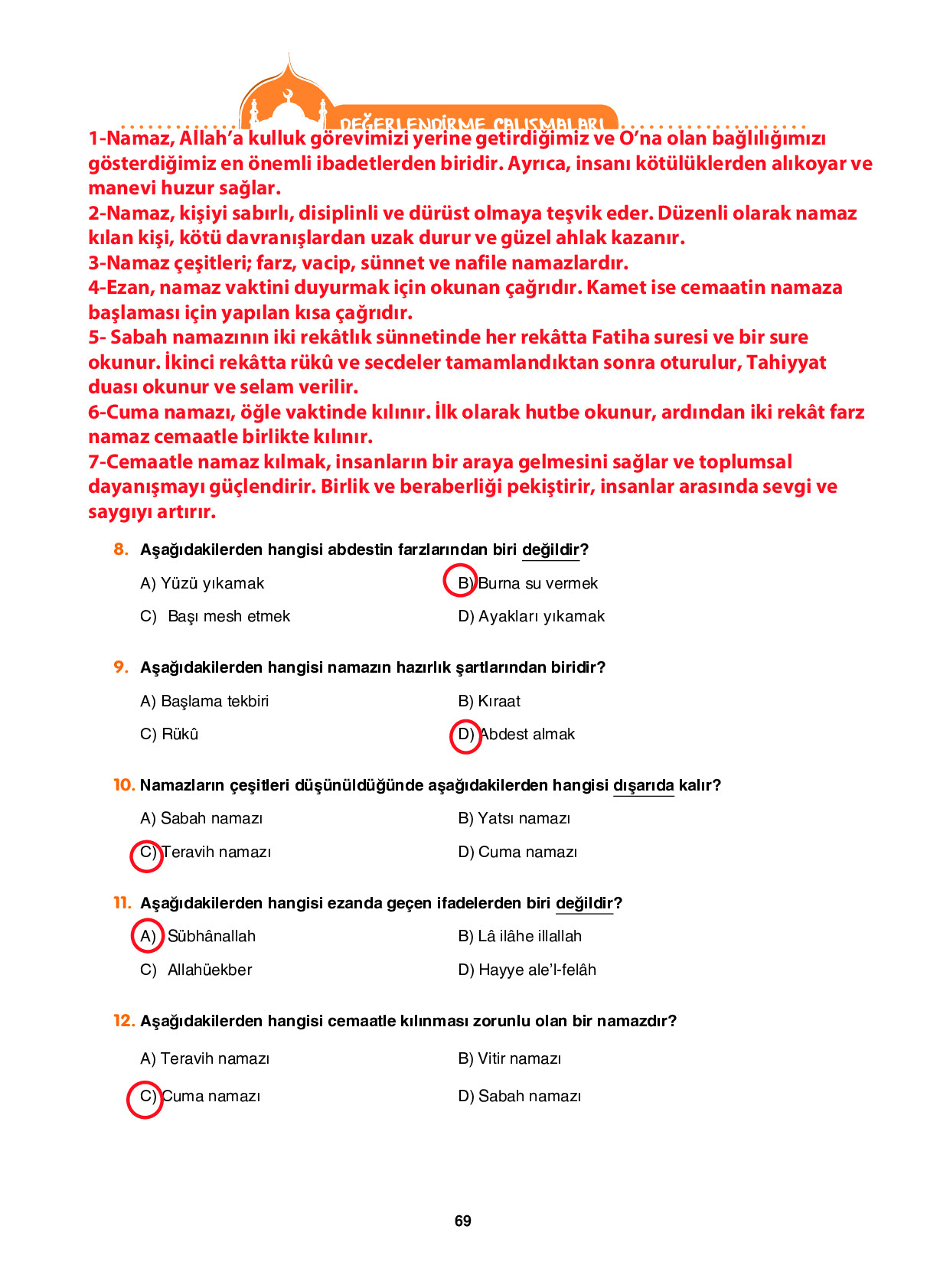6. Sınıf Sdr Dikey Yayıncılık Din Kültürü Ve Ahlak Bilgisi Ders Kitabı Sayfa 69 Cevapları