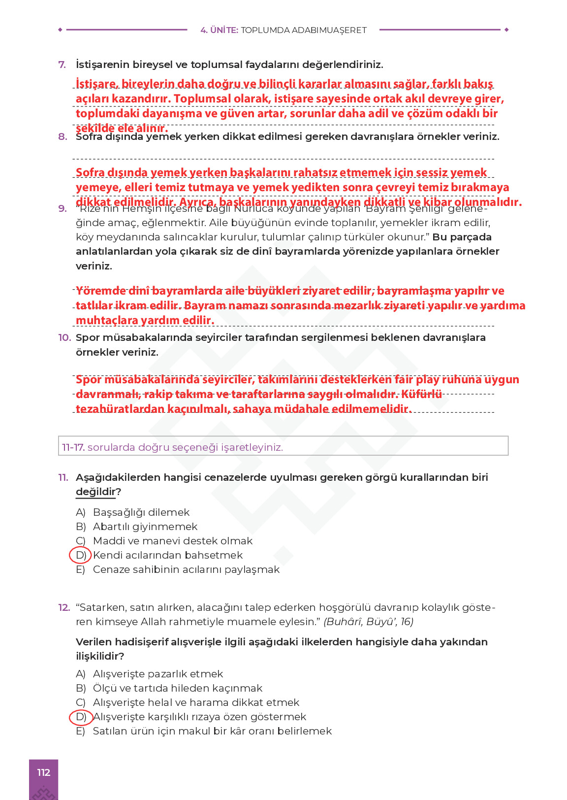 9. Sınıf Meb Yayınları Adabımuaşeret Ders Kitabı Sayfa 112 Cevapları