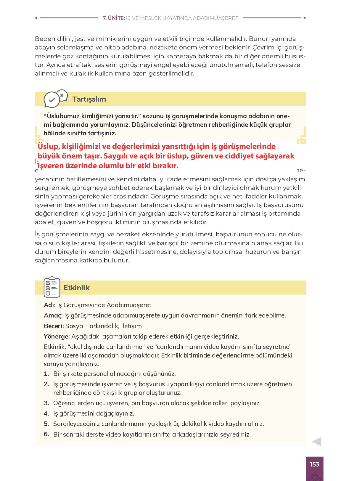9. Sınıf Meb Yayınları Adabımuaşeret Ders Kitabı Sayfa 153 Cevapları