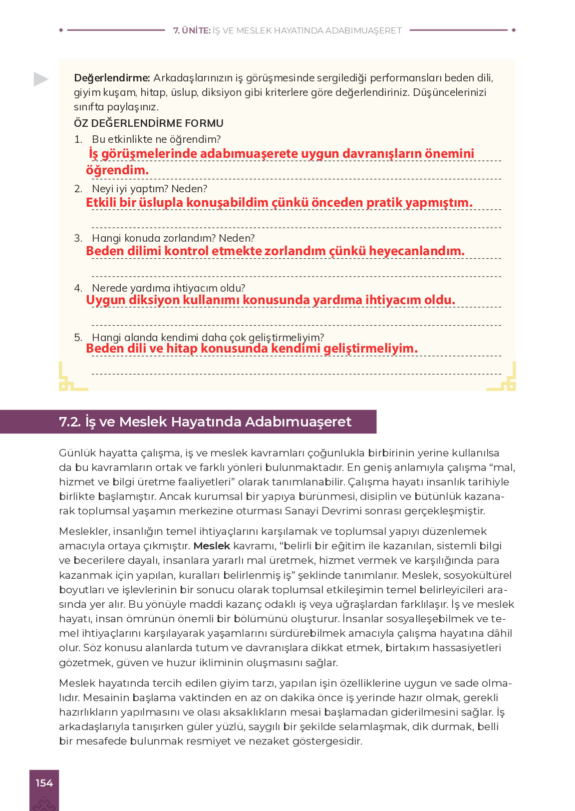 9. Sınıf Meb Yayınları Adabımuaşeret Ders Kitabı Sayfa 154 Cevapları