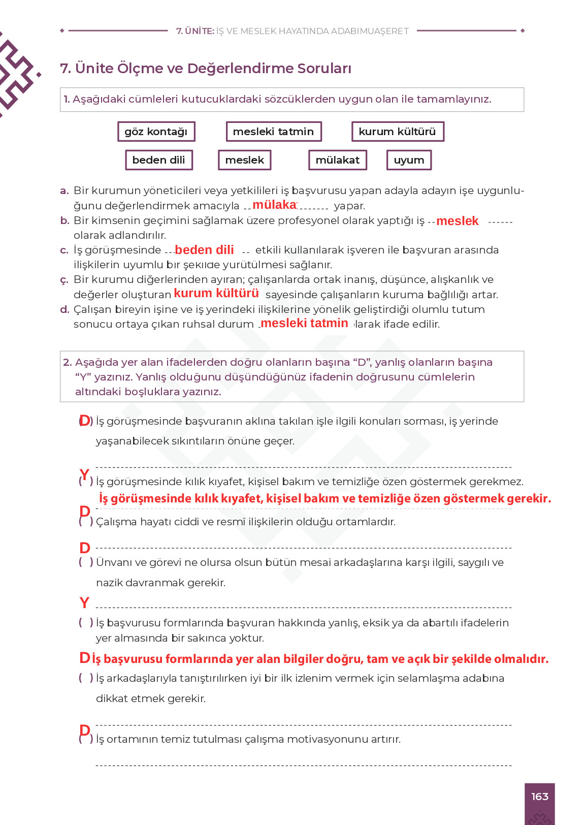 9. Sınıf Meb Yayınları Adabımuaşeret Ders Kitabı Sayfa 163 Cevapları