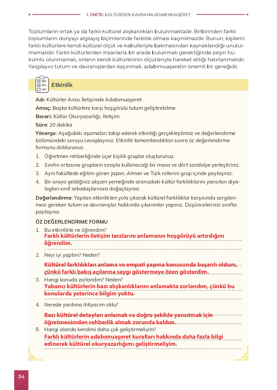 9. Sınıf Meb Yayınları Adabımuaşeret Ders Kitabı Sayfa 34 Cevapları