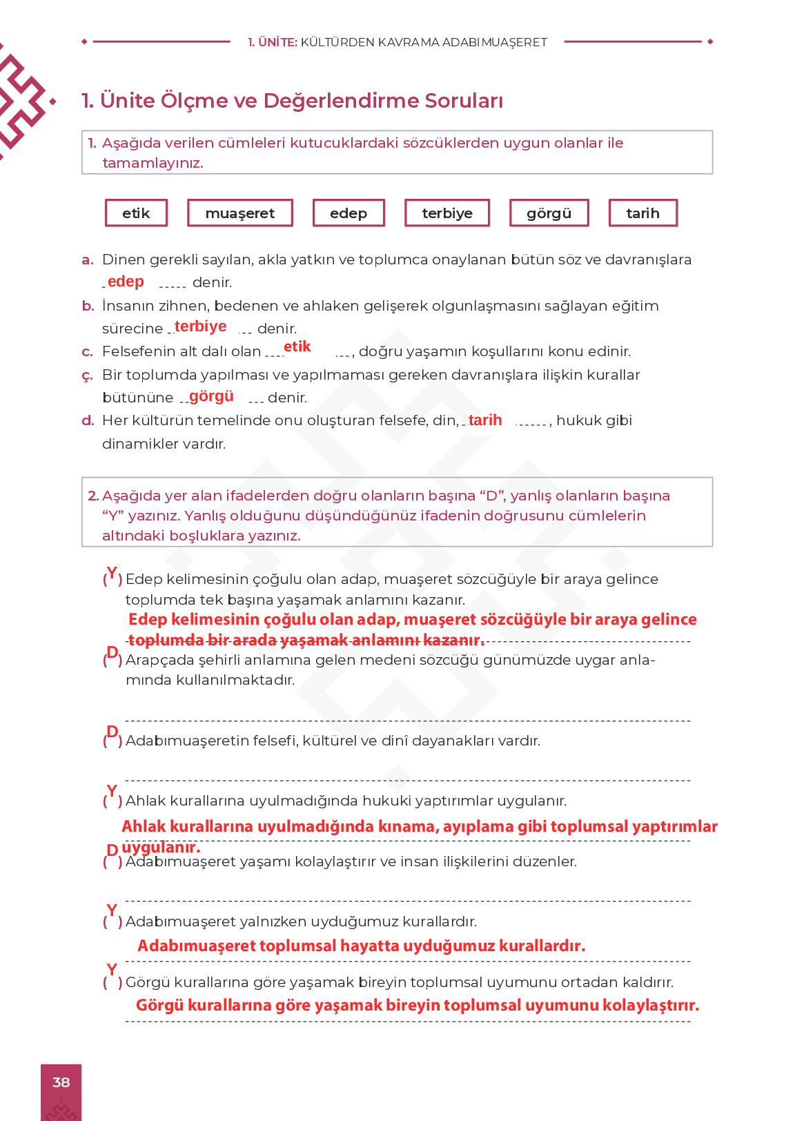 9. Sınıf Meb Yayınları Adabımuaşeret Ders Kitabı Sayfa 38 Cevapları