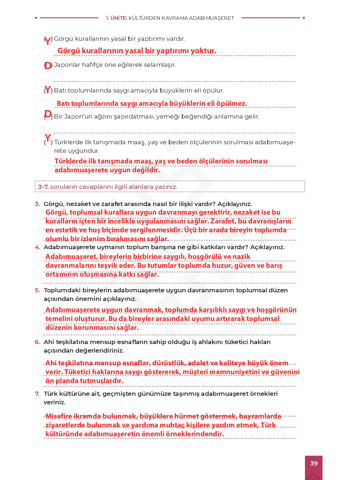 9. Sınıf Meb Yayınları Adabımuaşeret Ders Kitabı Sayfa 39 Cevapları